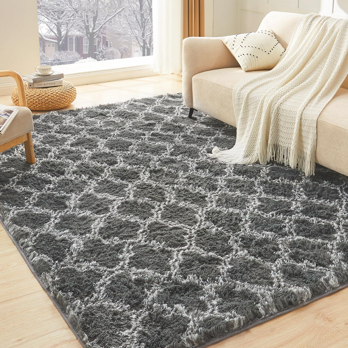 Litanika 4x6 Shag Area Rug for Bedroom, Tie-Dyed Beige Plush Rug