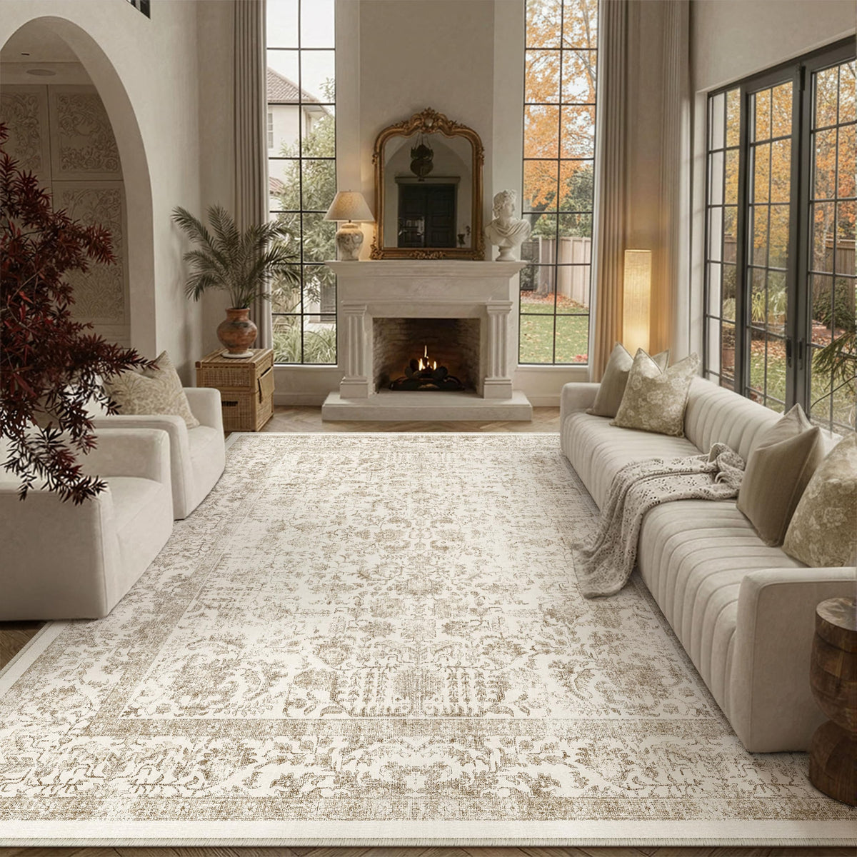 PureCozy Beige Area Rug 5x7 Vintage Farmhouse Floral