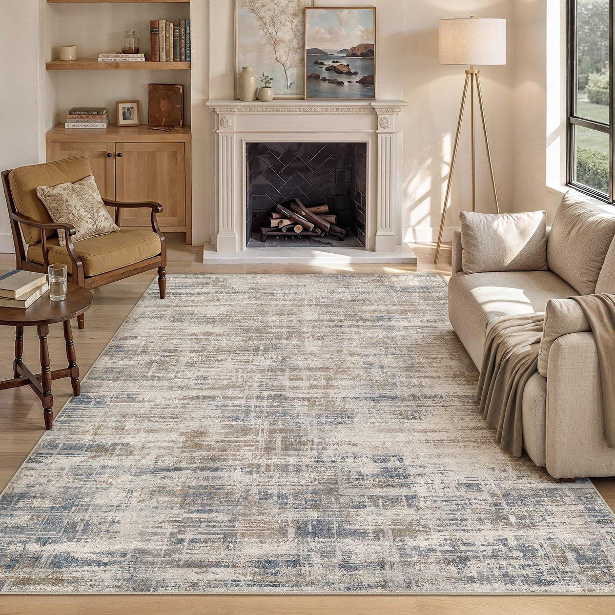 UERMEI 6x9 Area Rug for Living Room Washable Abstract Blue Brown Carpet