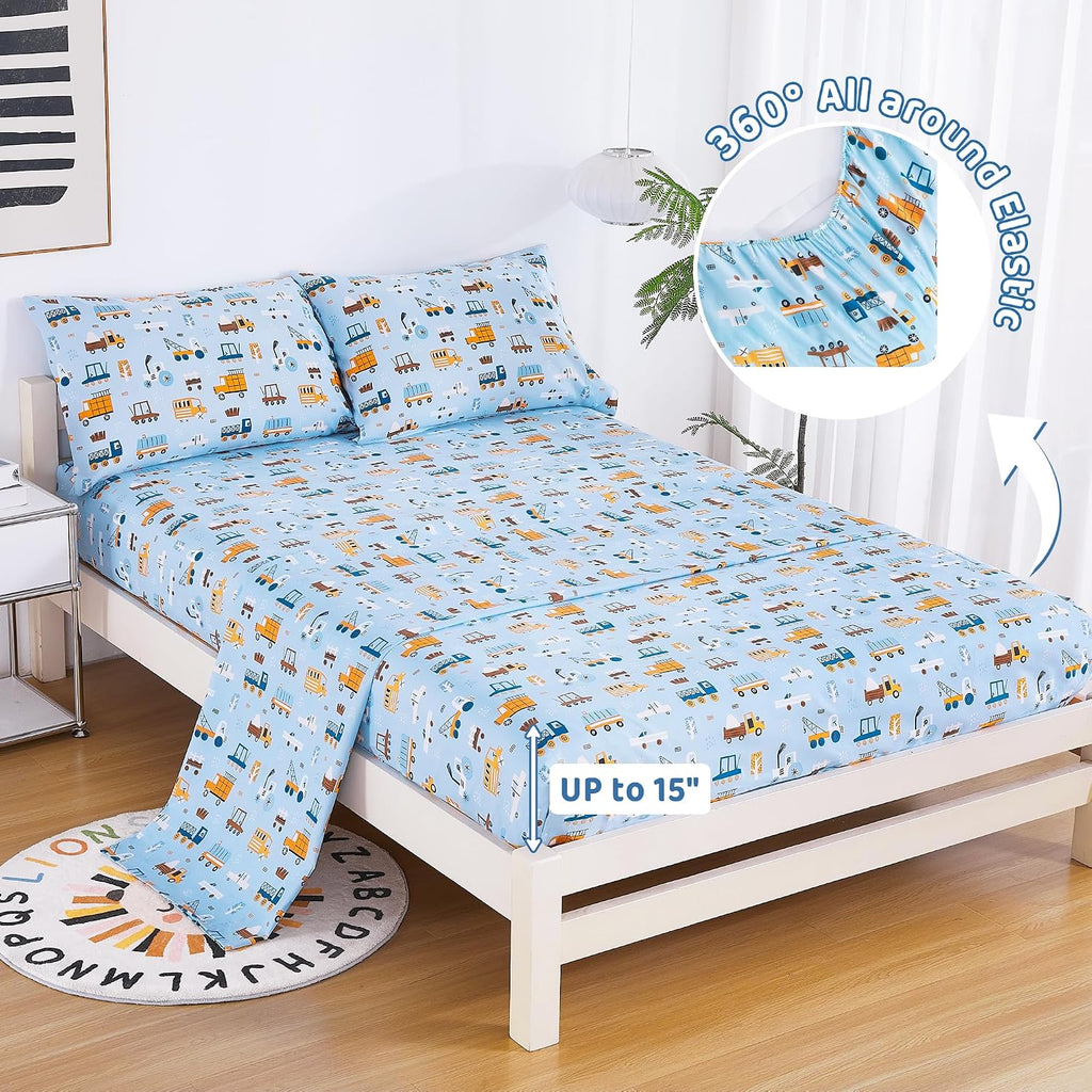 Viviland 3 Pieces Boys Blue Truck Twin Sheet Set - Soft Microfiber Fitted Flat Sheets & Pillowcase - Construction Truck Bedding Sets - for Kids & Toddlers