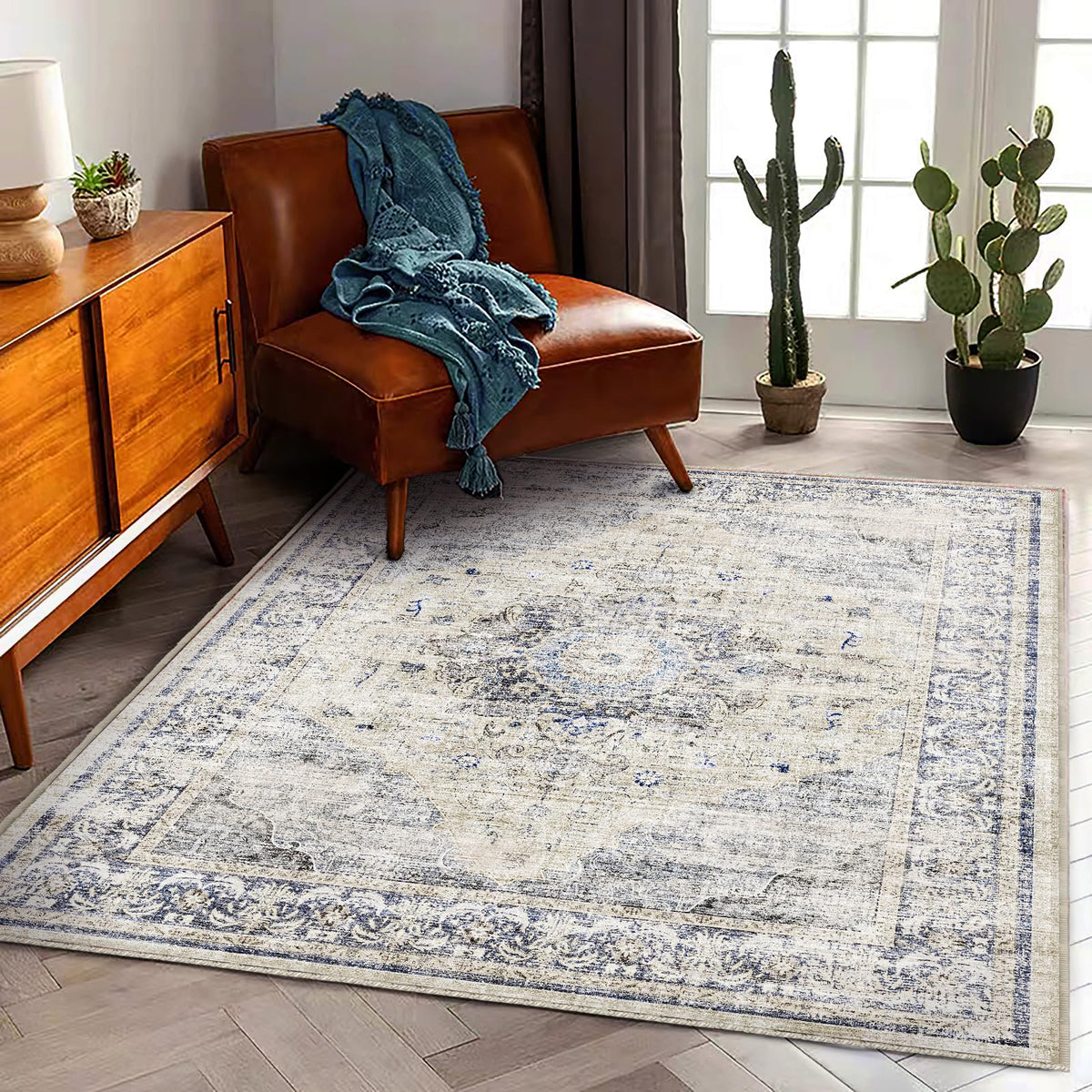 CHAMPLANT Area Rug 4x6 Washable Rug Gray Vintage Traditional Floor Cover Foldable Thin Retro Accent Indoor Distressed Non Slip Carpet Floral Print Mat Bedroom Living Room Bathroom