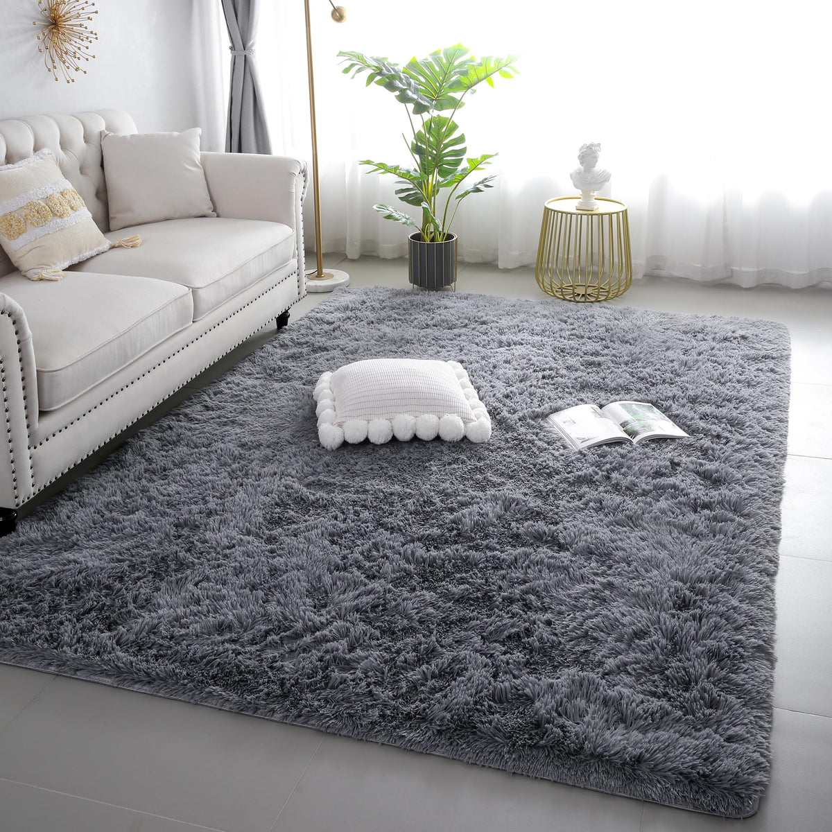 4x6 Light Grey Fluffy Shag Rug for Bedroom, Plush Washable Carpet