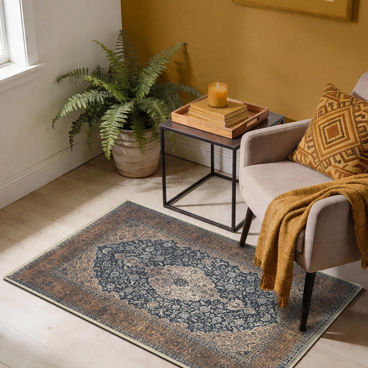 Keen Home Design Vintage Washable Area Rug, Non-Slip Low Pile, 5x7
