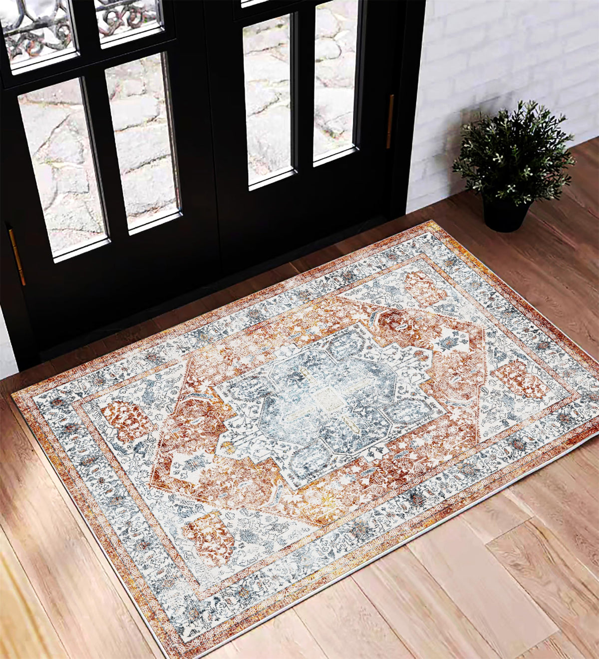 CHAMPLANT Area Rug 4x6 Washable Rug Gray Vintage Traditional Floor Cover Foldable Thin Retro Accent Indoor Distressed Non Slip Carpet Floral Print Mat Bedroom Living Room Bathroom