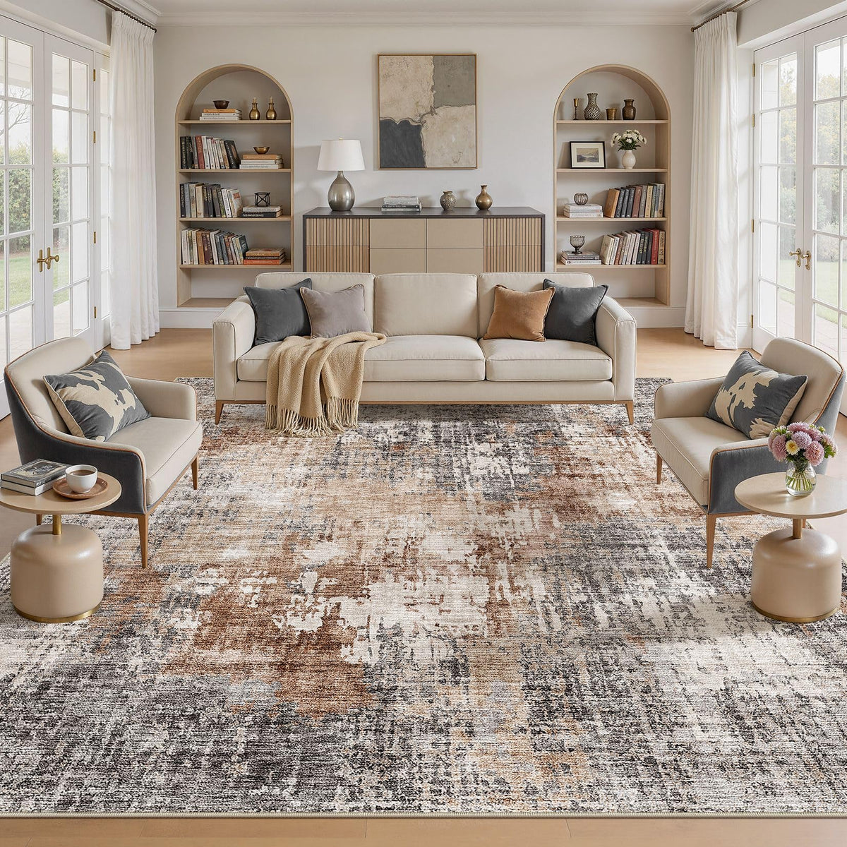 DMOYEST Area Rug Living Room Rugs 5x7 Washable Abstract Beige Blue Carpet