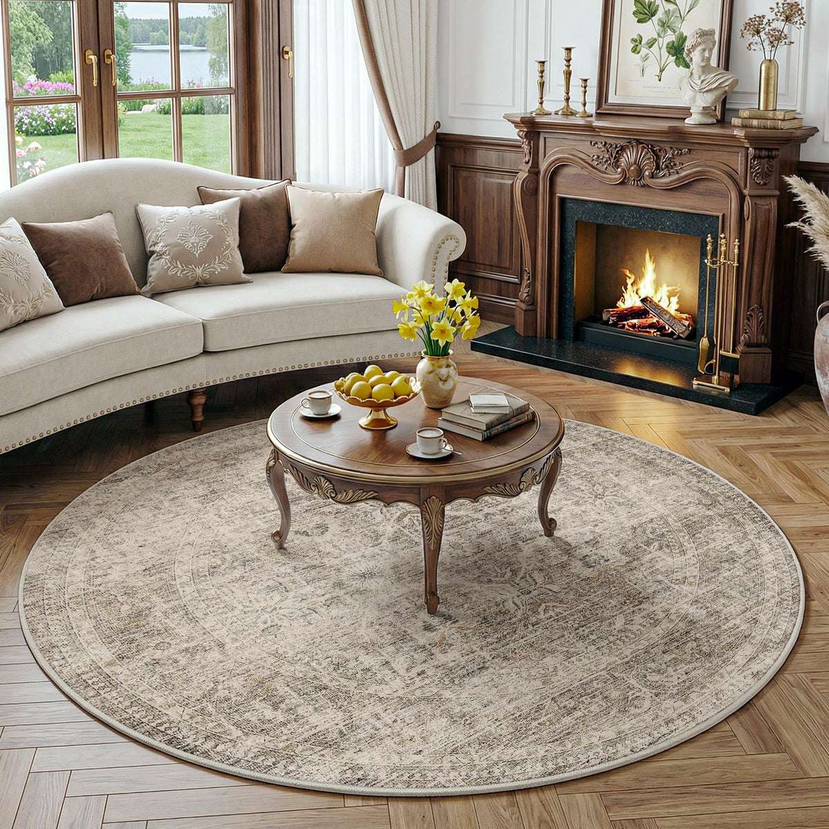 FMFUNCTEX 5x7 Washable Beige Neutral Vintage Retro Area Rug for Living Room