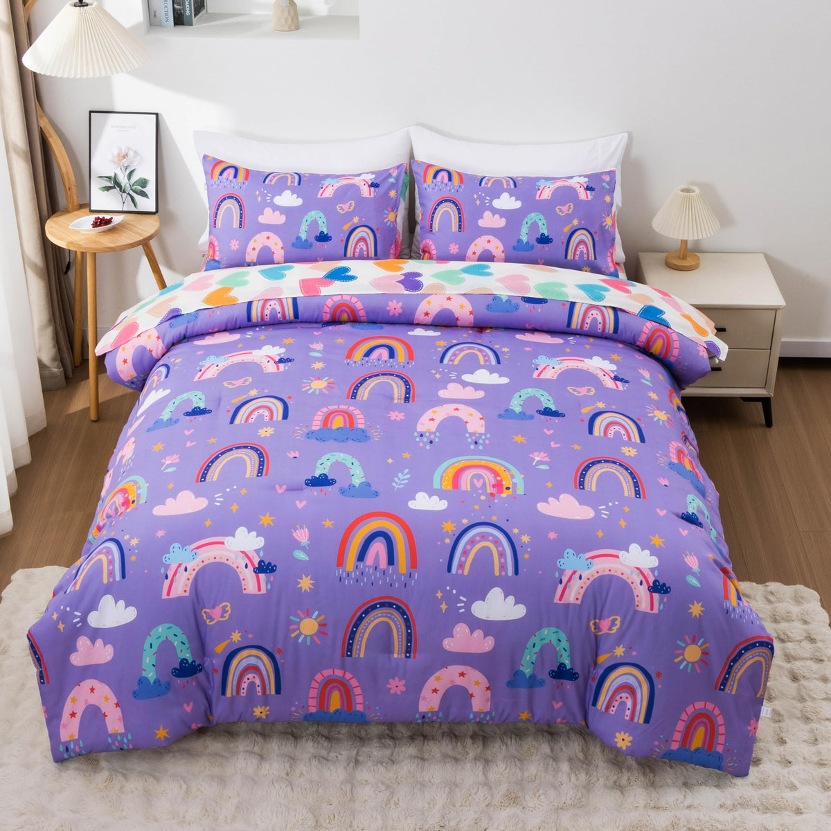 Btargot 5 Piece Full Size Pink Rainbow Comforter Set for Girls Boys Kids, Cartoon Cartoon Butterfly Bedding Set, Bed in a Bag with Comforter, Sheets and Pillowcases