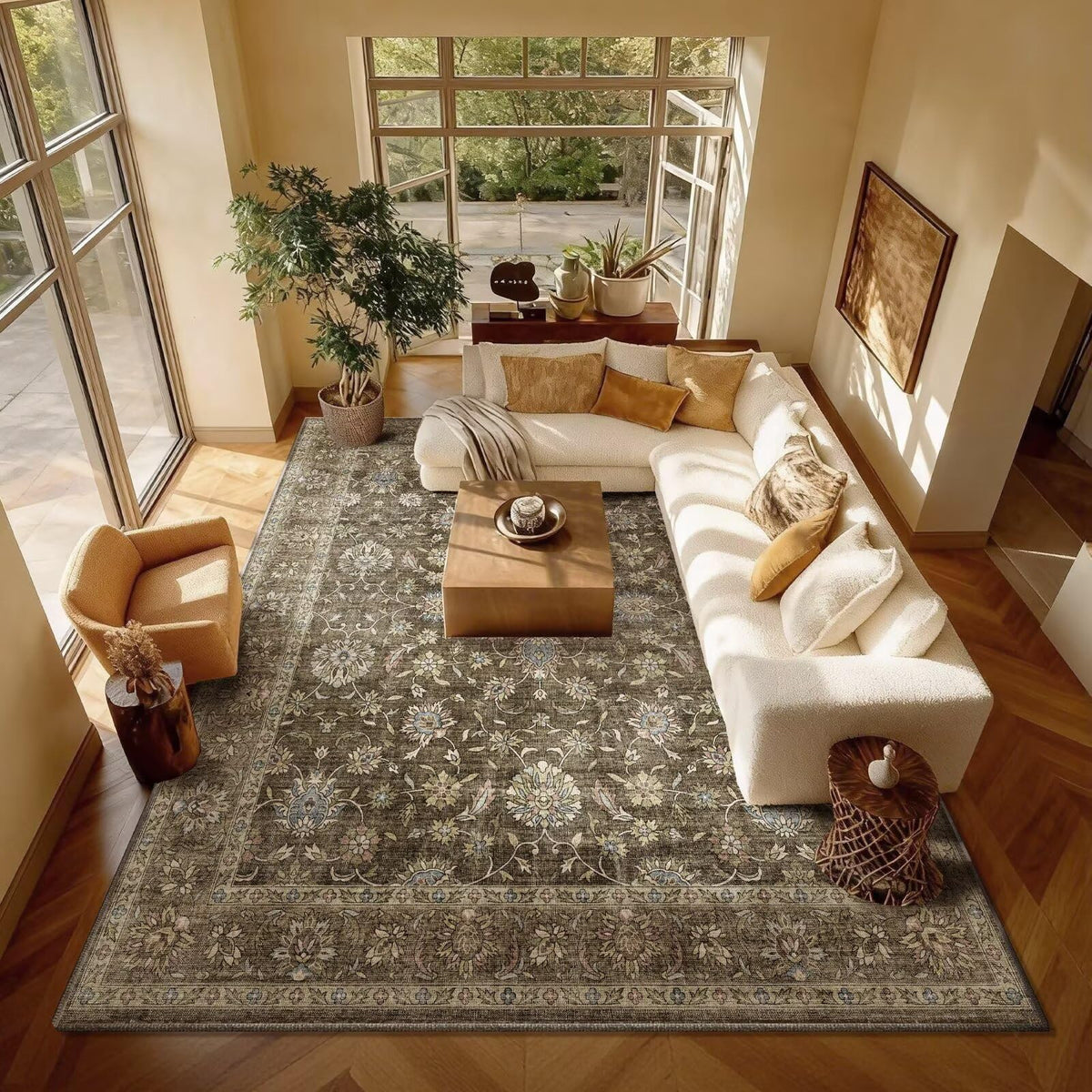 Washable 10x14 Area Rugs for Living Room, Ivory/Sage Gold