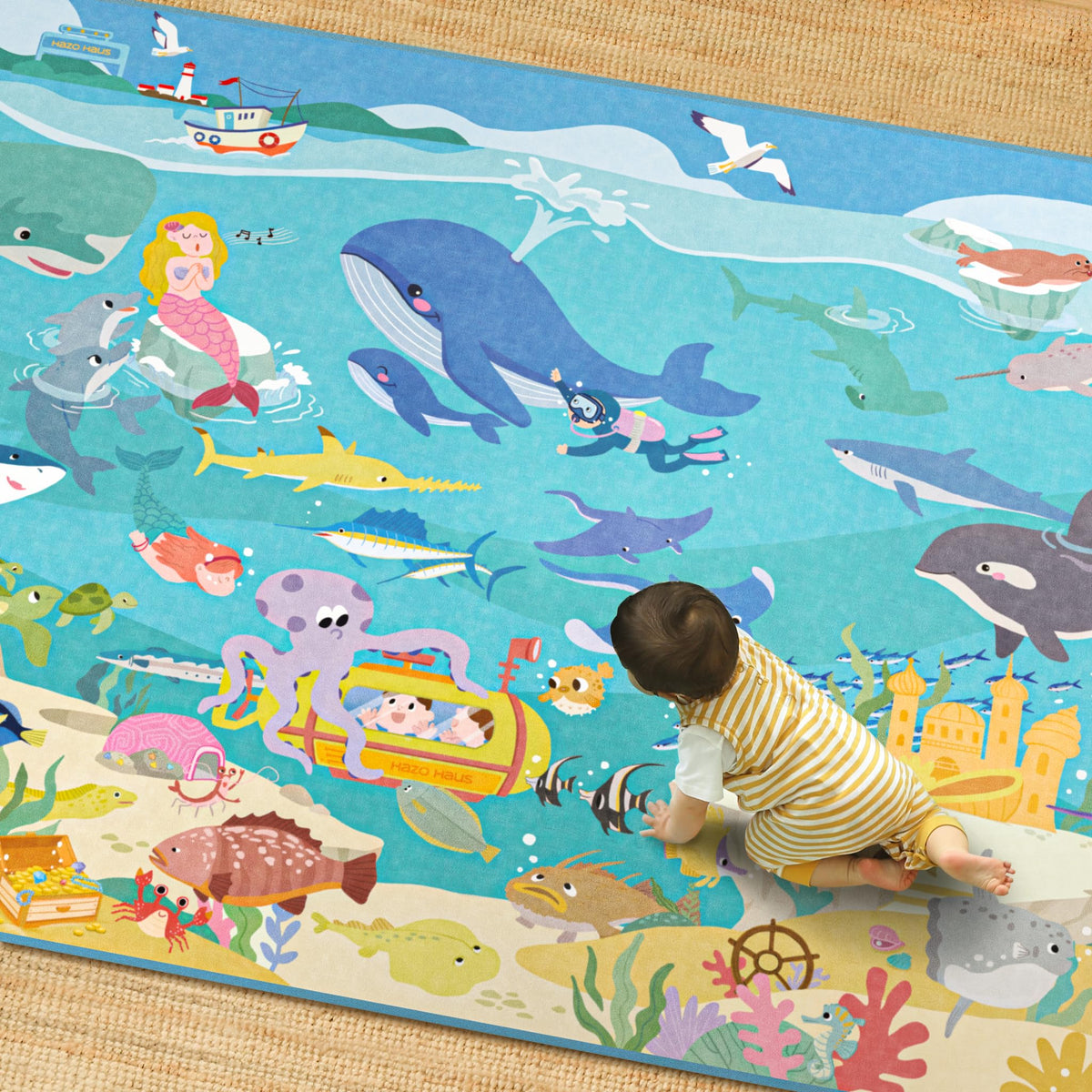 Hazo Haus Washable Kids Playroom Rug – 5x7 Play Rug for Preschool Toddlers, Girls, Educational with Cute Animals – Non-Slip, Stain Resistant, Soft & Safe for Bedroom, Play Room and Classroom - Blue