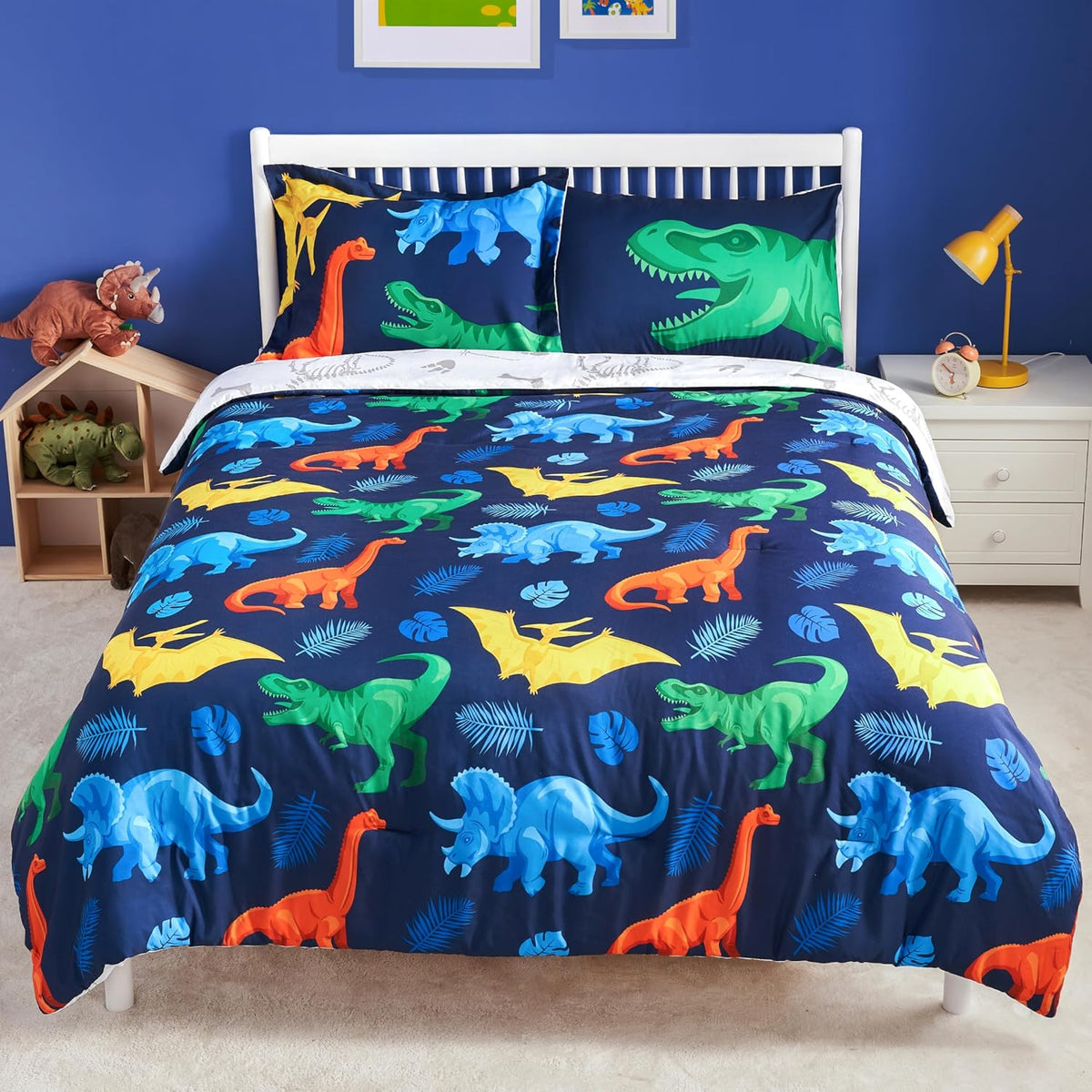 Joiedomi Kids Comforter Set Bedding Set for Boys Girls Super Soft Microfiber Bed in a Bag with Comforter Sheets Pillowcase Sham, Dark Blue Dinosaur, Twin