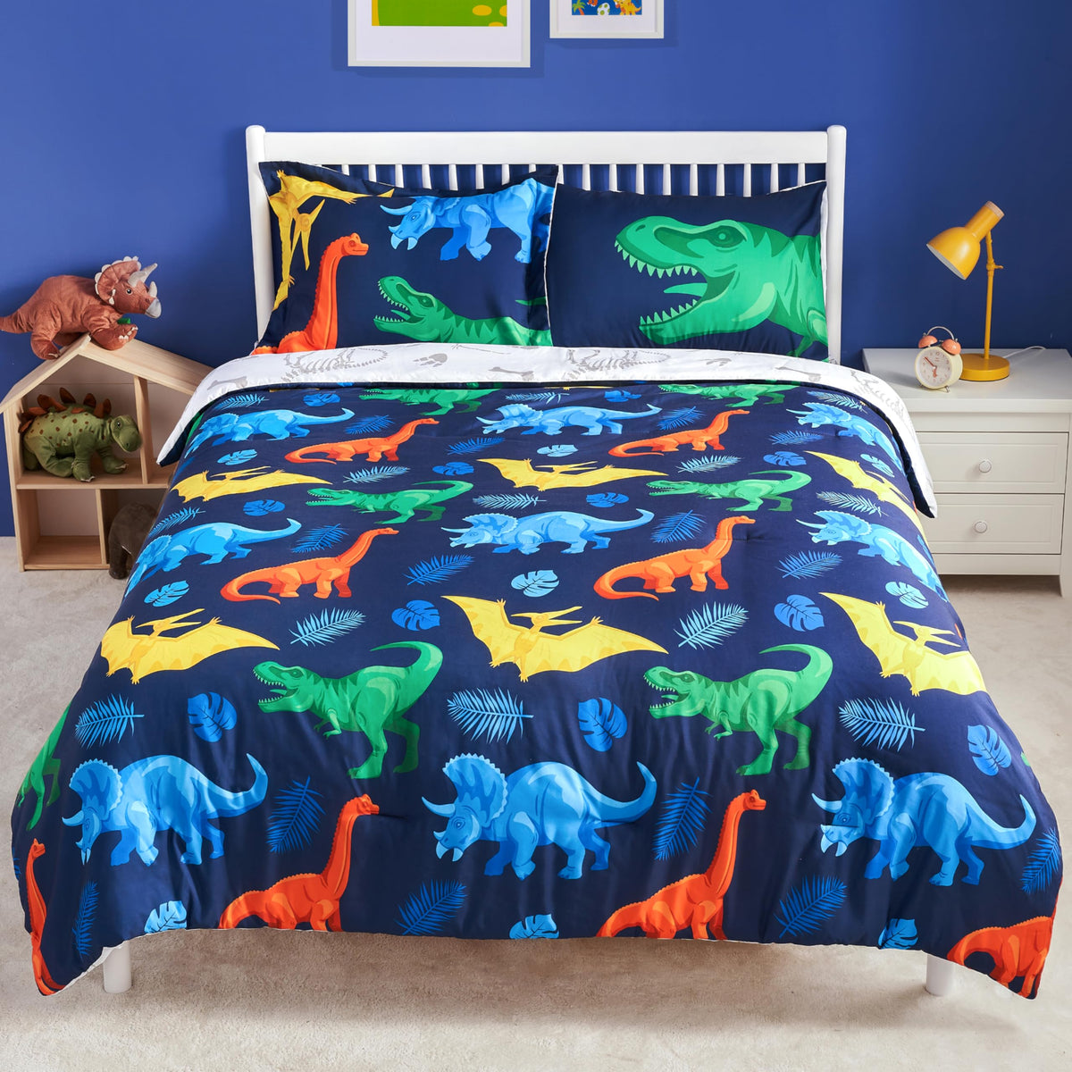 Joiedomi Kids Comforter Set Bedding Set for Boys Girls Super Soft Microfiber Bed in a Bag with Comforter Sheets Pillowcase Sham, Dark Blue Dinosaur, Twin