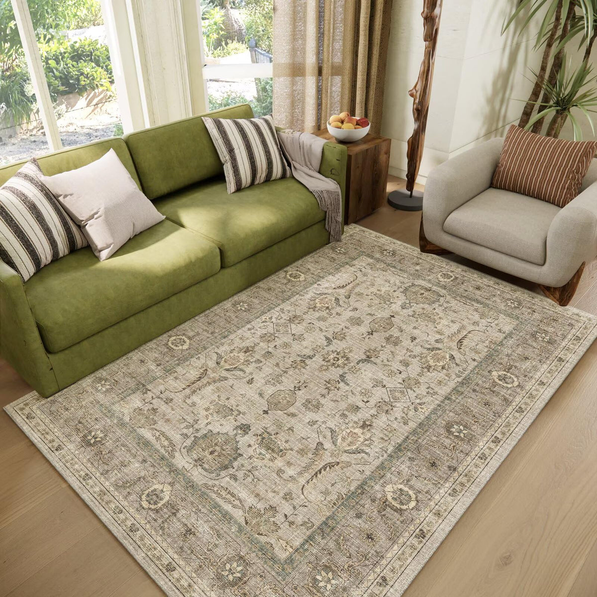 Washable 10x14 Area Rugs for Living Room, Ivory/Sage Gold