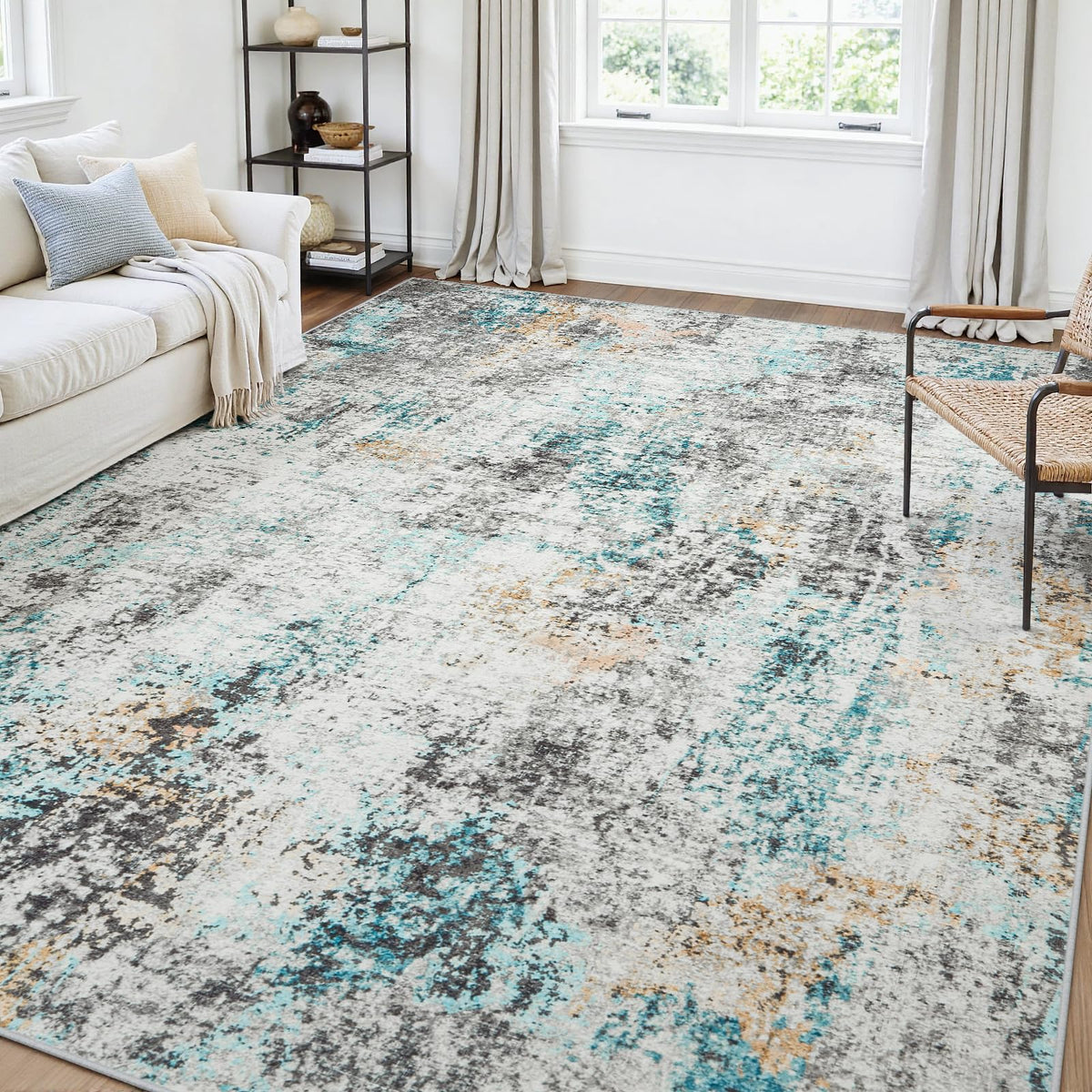 5x7 Area Rugs for Living Room Large Washable Abstract Rug White Gray Blue