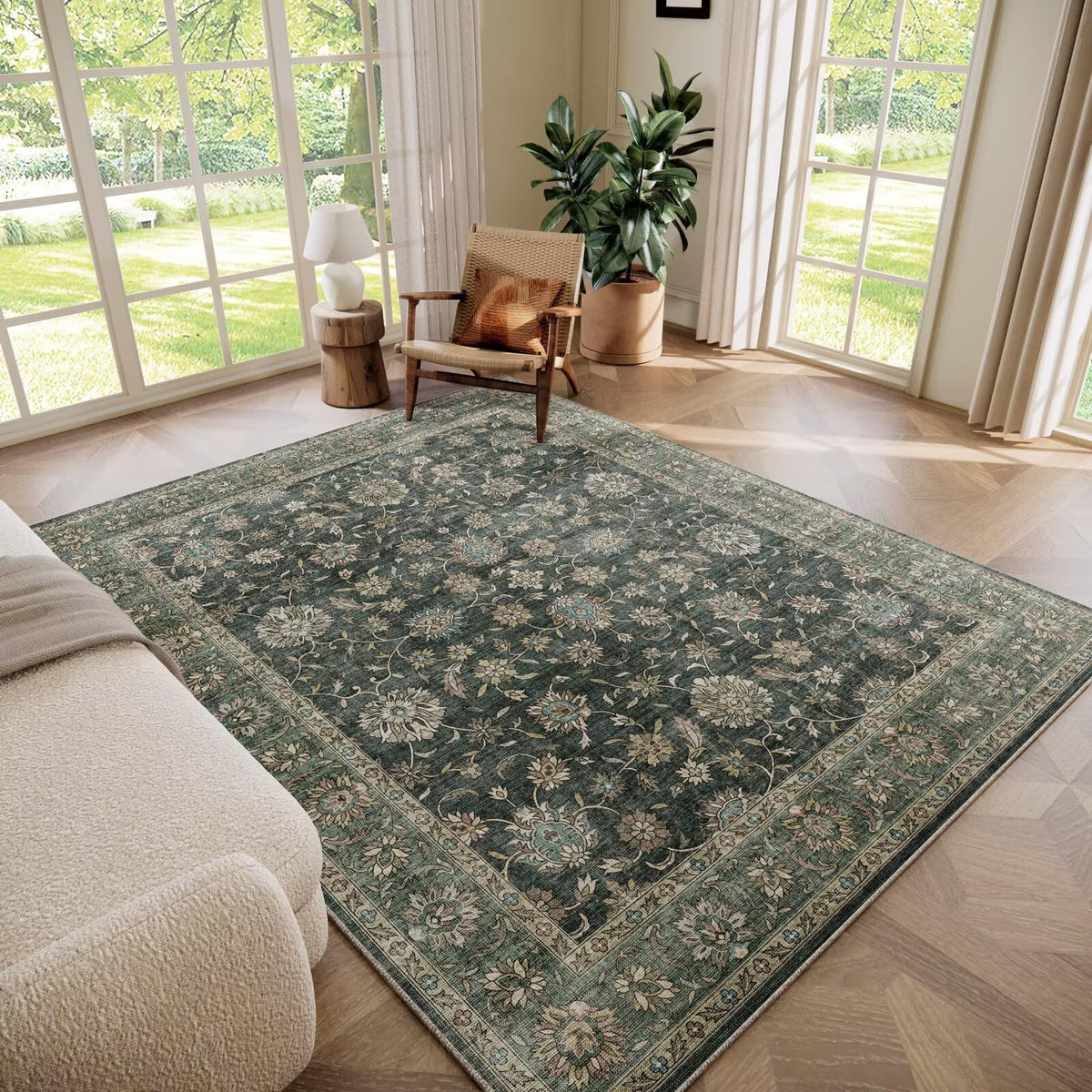 Washable 10x14 Area Rugs for Living Room, Ivory/Sage Gold