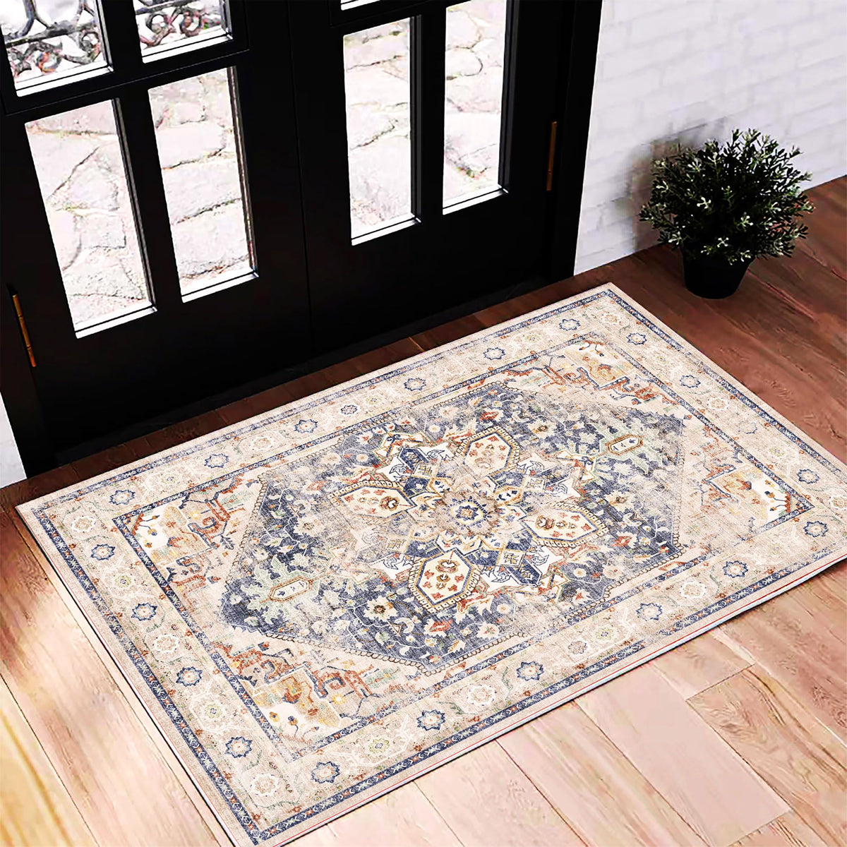 CHAMPLANT Area Rug 4x6 Washable Rug Gray Vintage Traditional Floor Cover Foldable Thin Retro Accent Indoor Distressed Non Slip Carpet Floral Print Mat Bedroom Living Room Bathroom