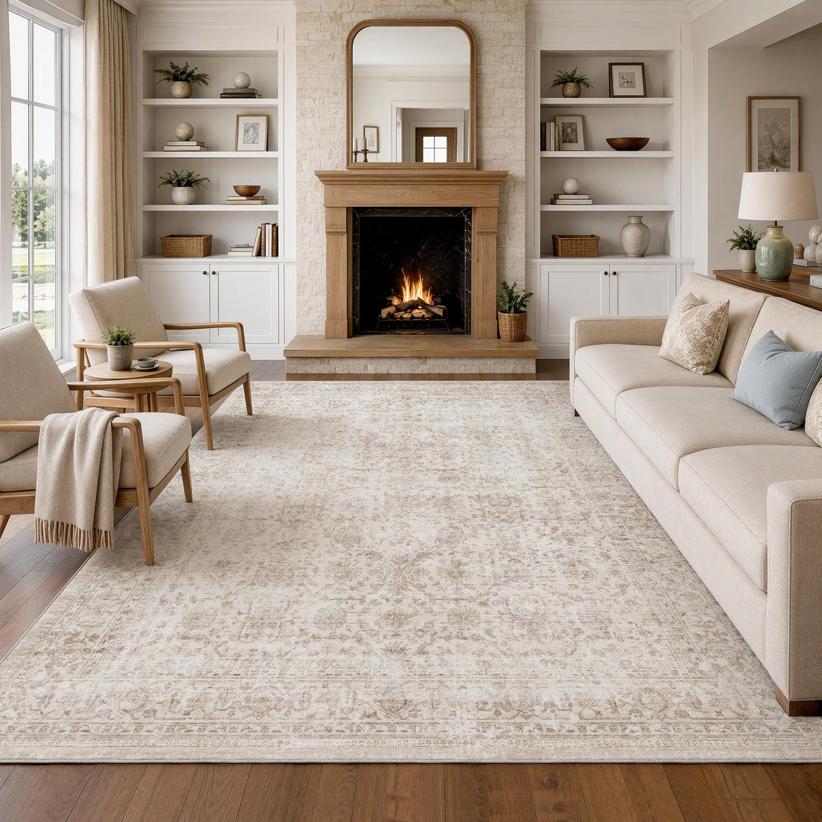 FMFUNCTEX 5x7 Washable Beige Neutral Vintage Retro Area Rug for Living Room