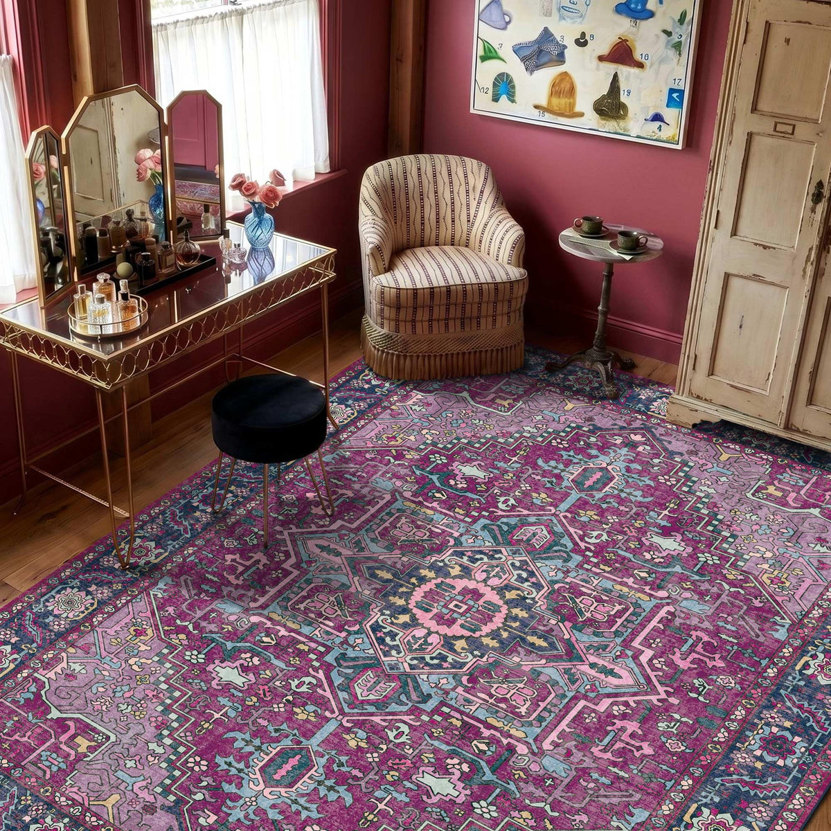 Kokia 9x12 Washable Area Rugs Maroon with Vintage Orient Design, Soft Rug for Living Room or Bedroom, Non-Slip Low Pile Stain Resistance Features, Distressed Medallion Pattern
