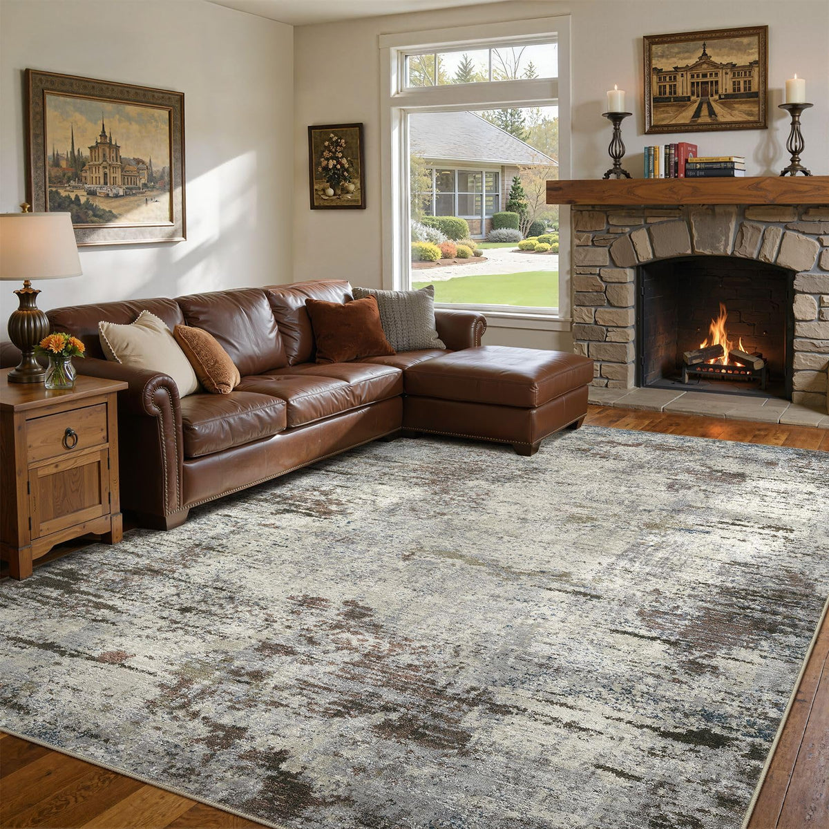 DMOYEST Area Rug Living Room Rugs 5x7 Washable Abstract Beige Blue Carpet