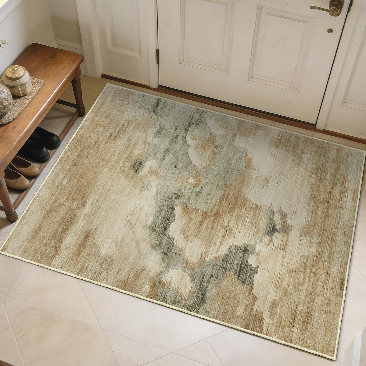 Beige Rug 3x5 Washable Area Rugs for Bedroom Living Room Kitchen Entryway Bedside,Small Modern Marble Abstract Non Slip Carpet