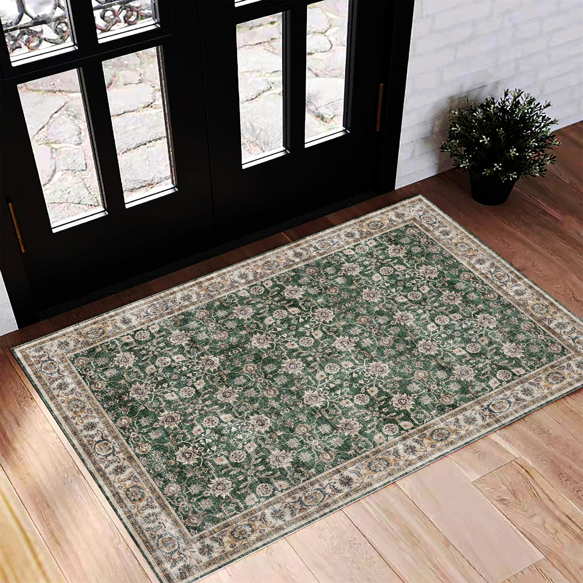 CHAMPLANT Area Rug 4x6 Washable Rug Gray Vintage Traditional Floor Cover Foldable Thin Retro Accent Indoor Distressed Non Slip Carpet Floral Print Mat Bedroom Living Room Bathroom