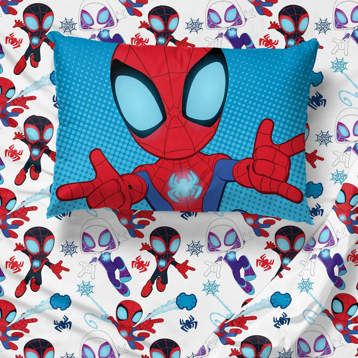 Jay Franco Marvel Spidey & His Amazing Friends Twin Size Comforter Set - 4 Piece Includes Sheet Set, Pillow Covers & Bonus Duffle Bag - Super Soft Kids Bedding with Ghost Spider and Miles Morales