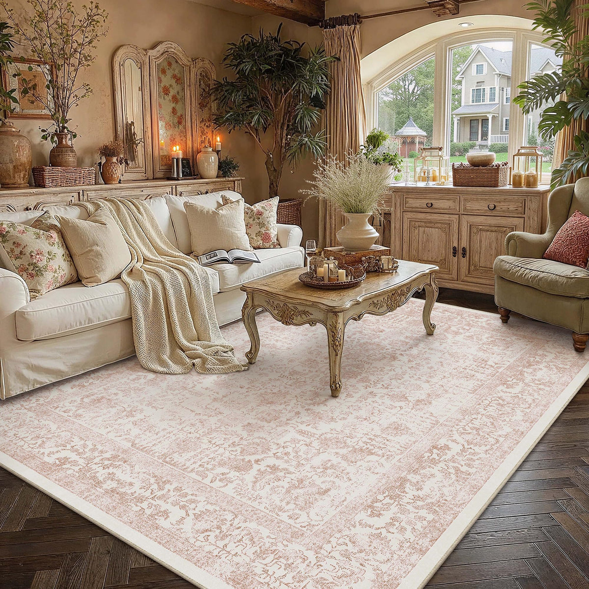 PureCozy Beige Area Rug 5x7 Vintage Farmhouse Floral