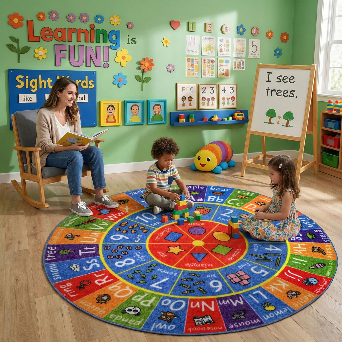 KC Cubs 5x7 ABC Alphabet, Numbers & Shapes Rug – Educational Non-Slip Play Mat Carpet for Kids, Toddlers, Nursery, Classroom, Playroom, Baby Daycare