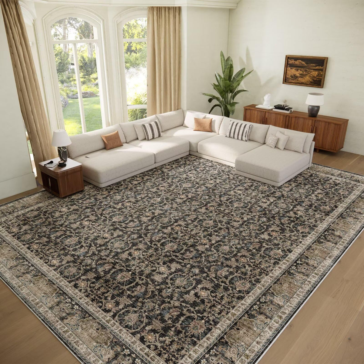 Washable 10x14 Area Rugs for Living Room, Ivory/Sage Gold