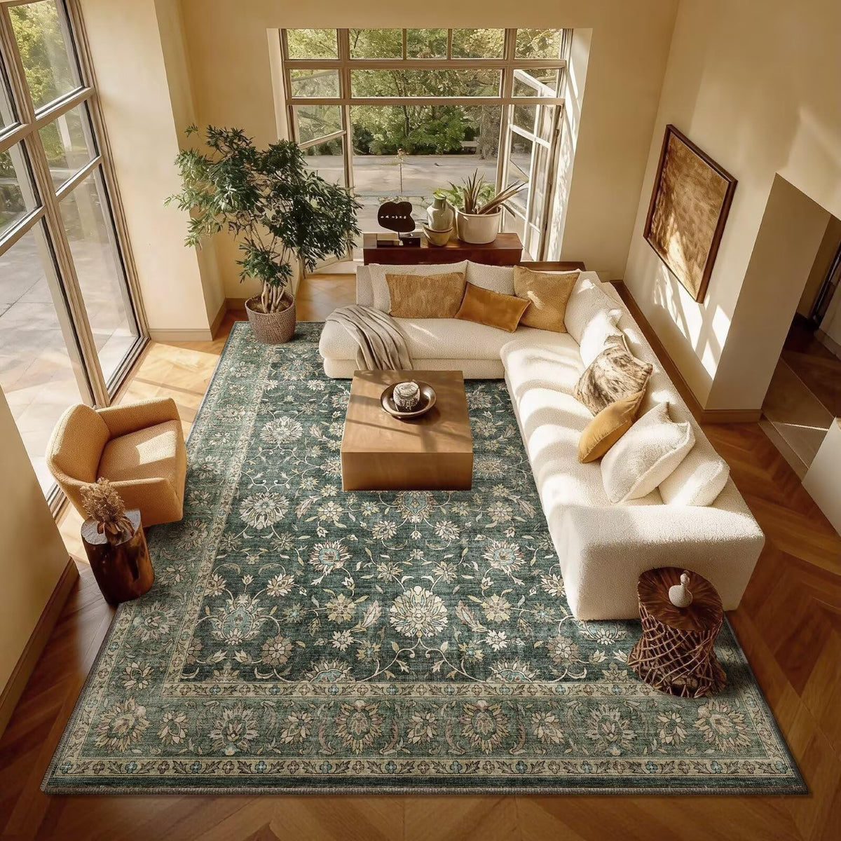 Washable 10x14 Area Rugs for Living Room, Ivory/Sage Gold