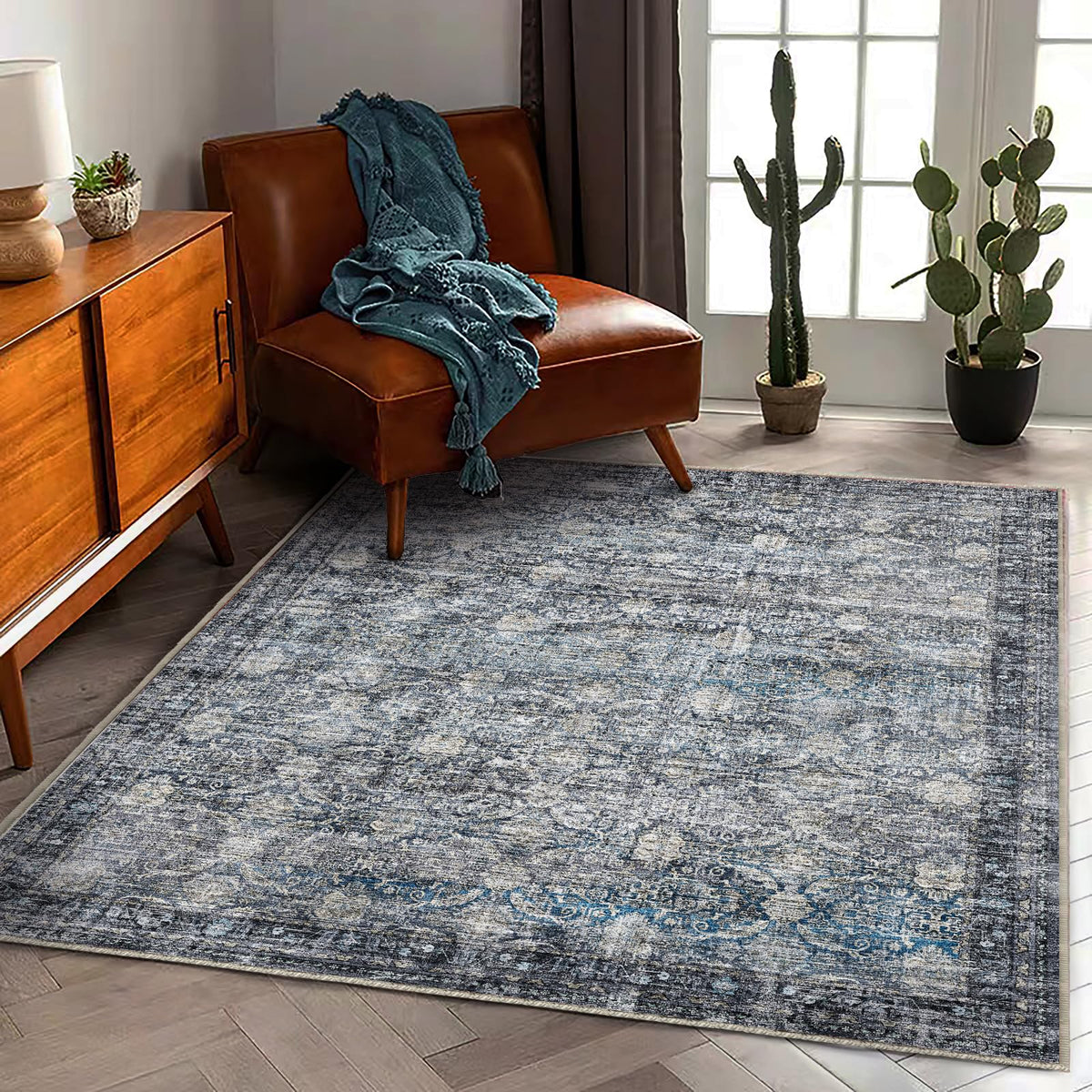 CHAMPLANT Area Rug 4x6 Washable Rug Gray Vintage Traditional Floor Cover Foldable Thin Retro Accent Indoor Distressed Non Slip Carpet Floral Print Mat Bedroom Living Room Bathroom
