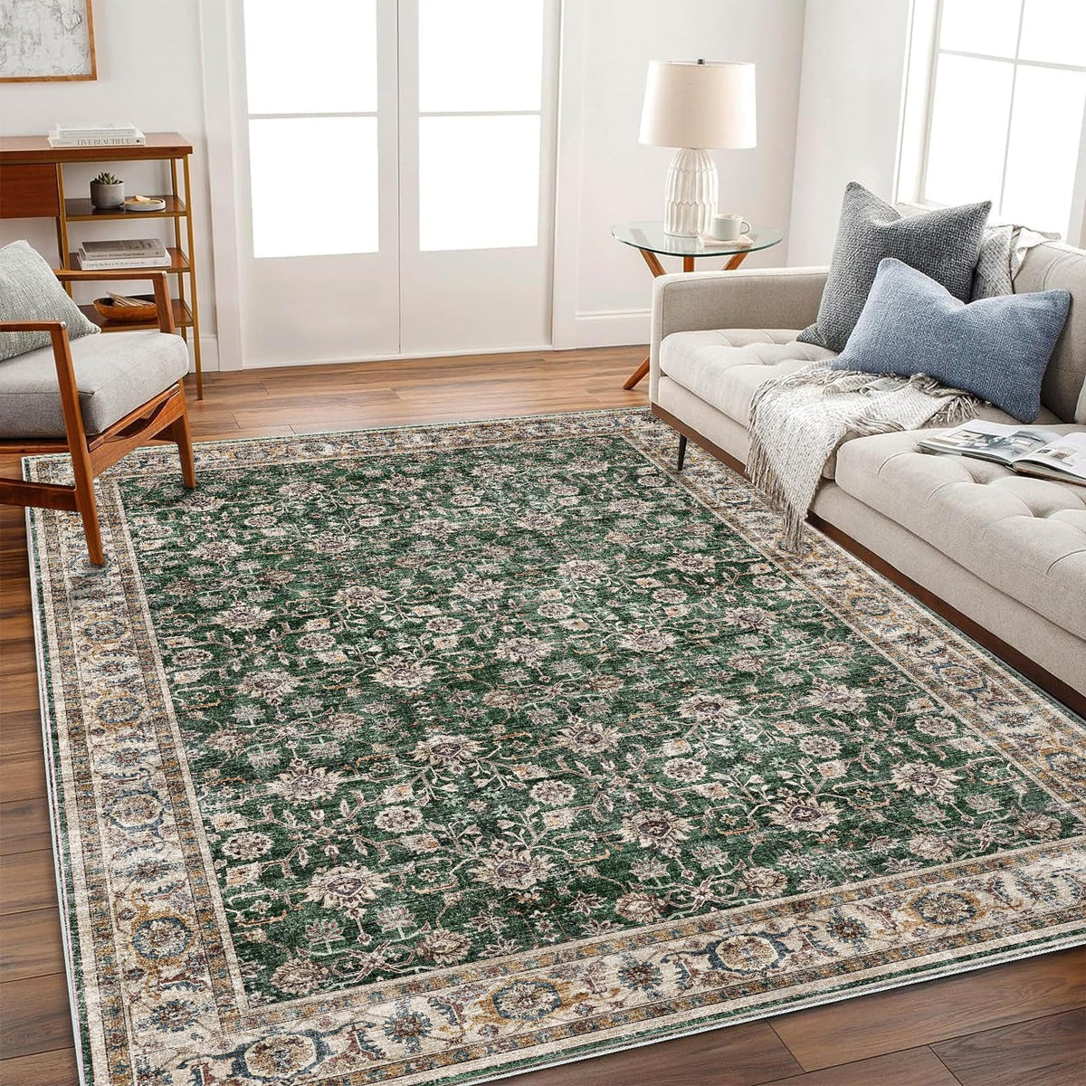 CHAMPLANT Area Rug 4x6 Washable Rug Gray Vintage Traditional Floor Cover Foldable Thin Retro Accent Indoor Distressed Non Slip Carpet Floral Print Mat Bedroom Living Room Bathroom