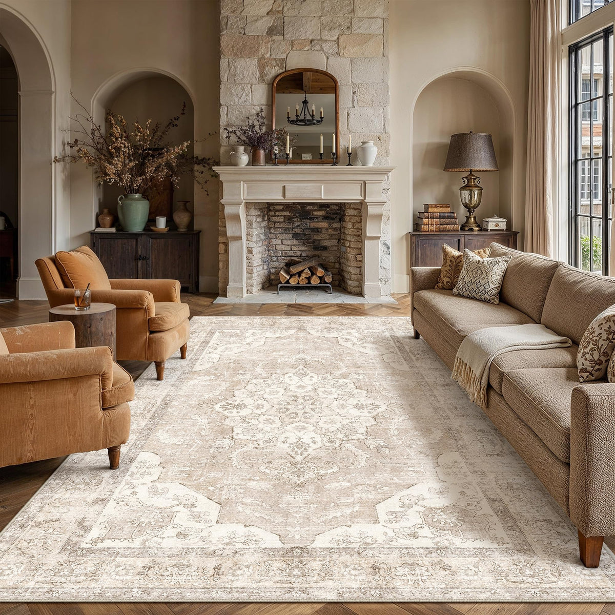 PureCozy 5x7 Beige Area Rug for Living Room Vintage Distressed