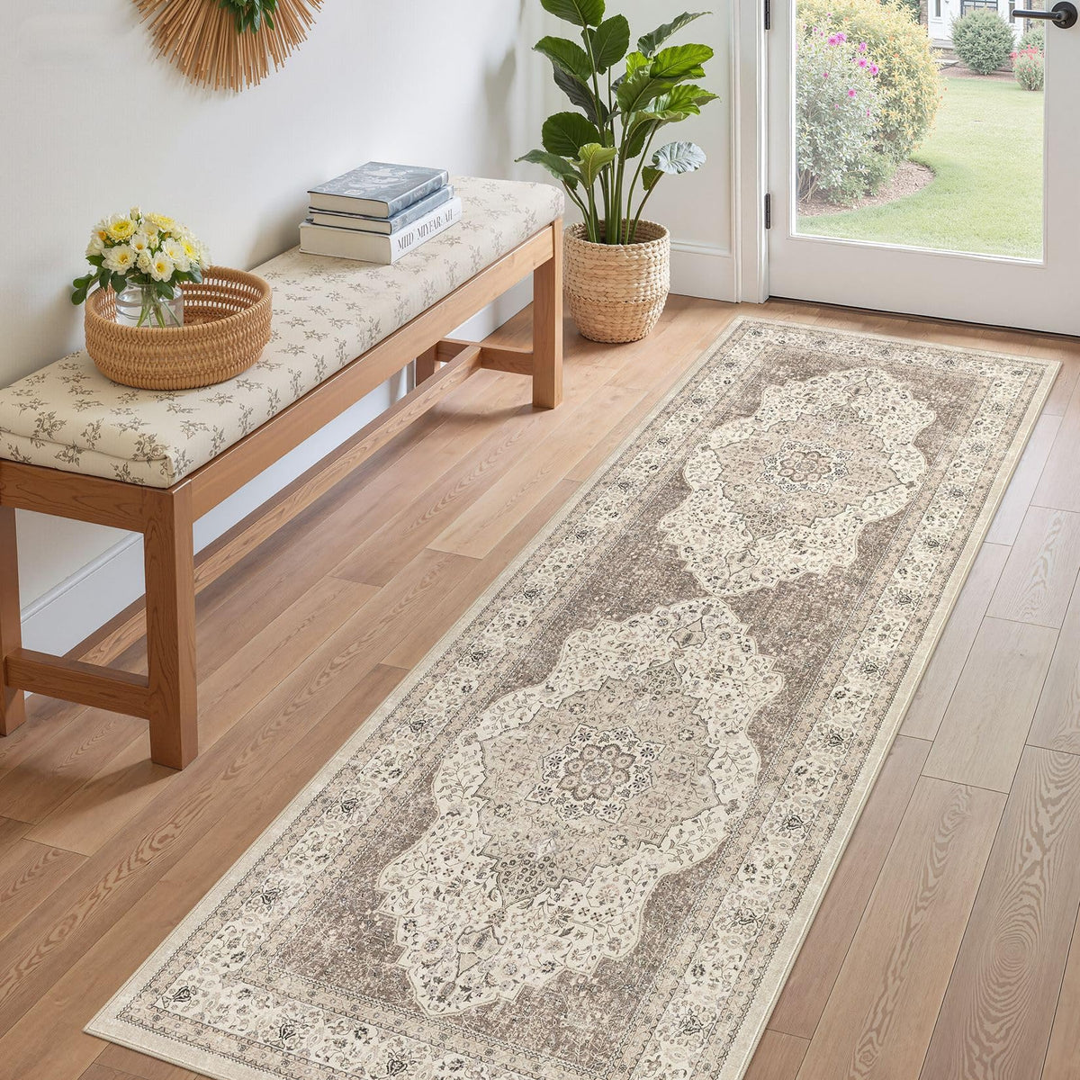Vintage 9x12 Washable Area Rugs for Living Room, Non Slip, Brown