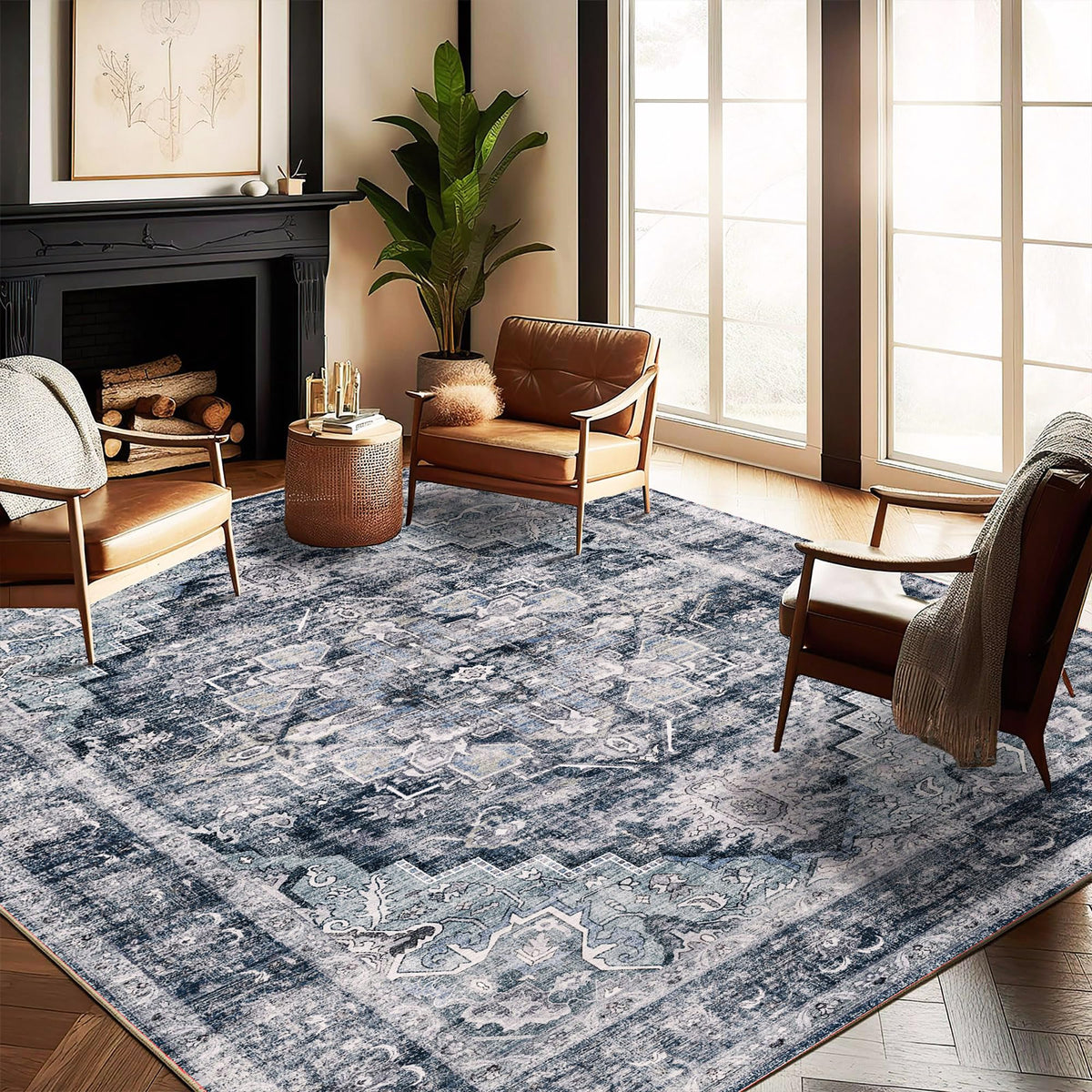 CHAMPLANT Area Rug 4x6 Washable Rug Gray Vintage Traditional Floor Cover Foldable Thin Retro Accent Indoor Distressed Non Slip Carpet Floral Print Mat Bedroom Living Room Bathroom