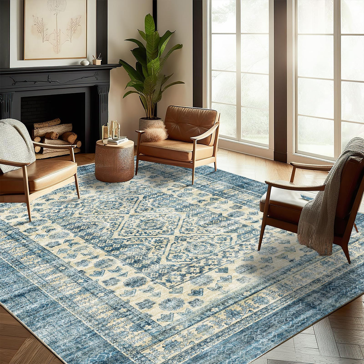 CHAMPLANT Area Rug 4x6 Washable Rug Gray Vintage Traditional Floor Cover Foldable Thin Retro Accent Indoor Distressed Non Slip Carpet Floral Print Mat Bedroom Living Room Bathroom