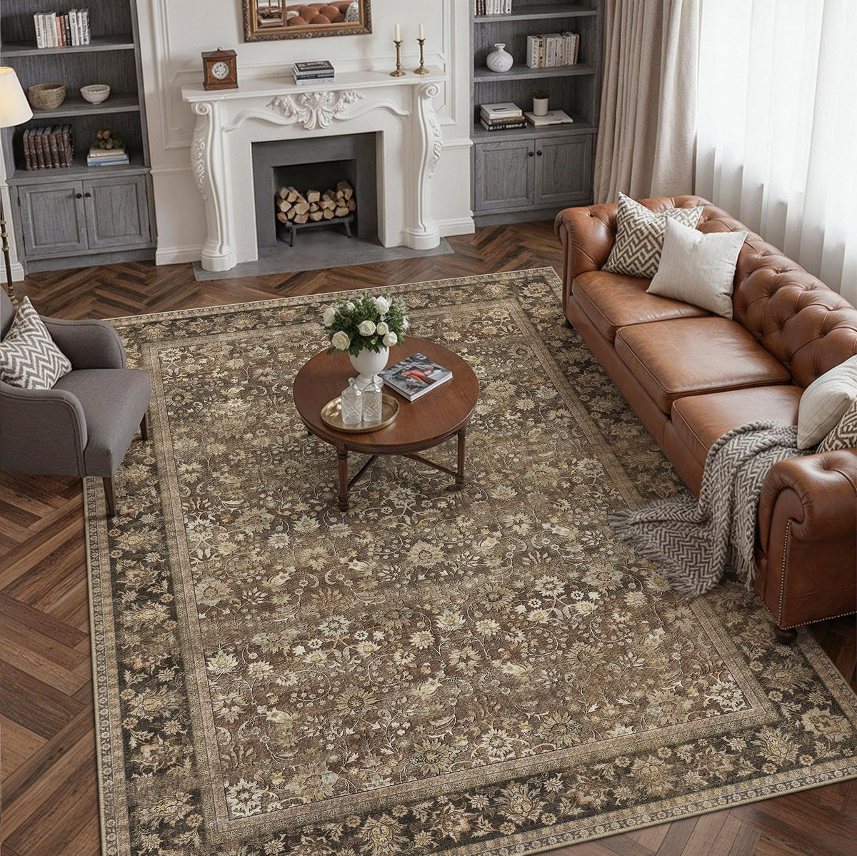 HUGEAR 2x6 Brown Vintage Floral Washable Runner Rug for Hallway