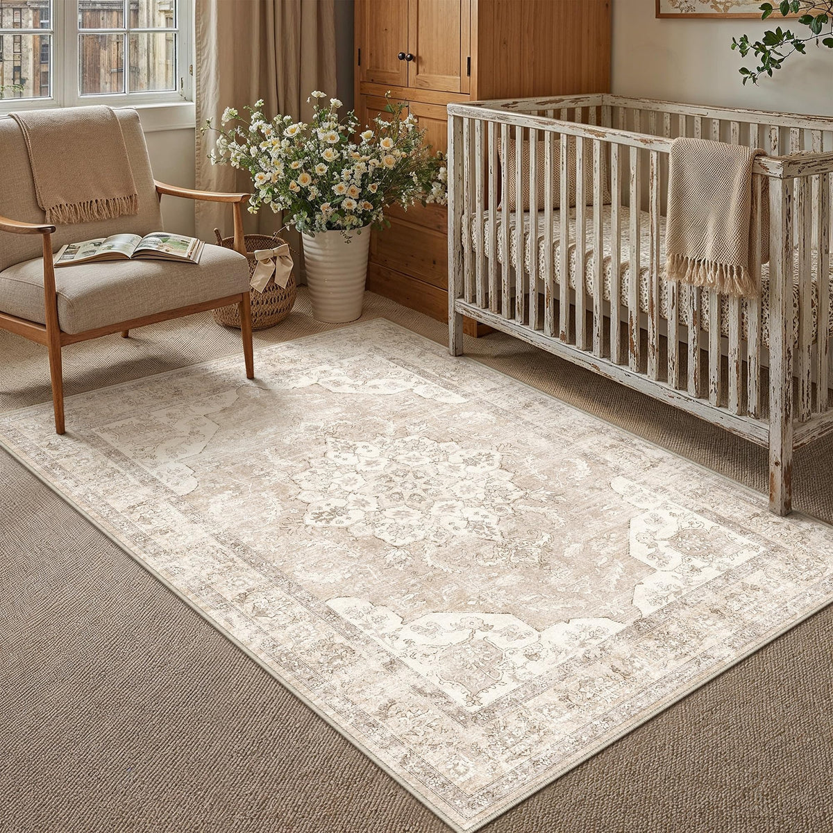 PureCozy 5x7 Beige Area Rug for Living Room Vintage Distressed