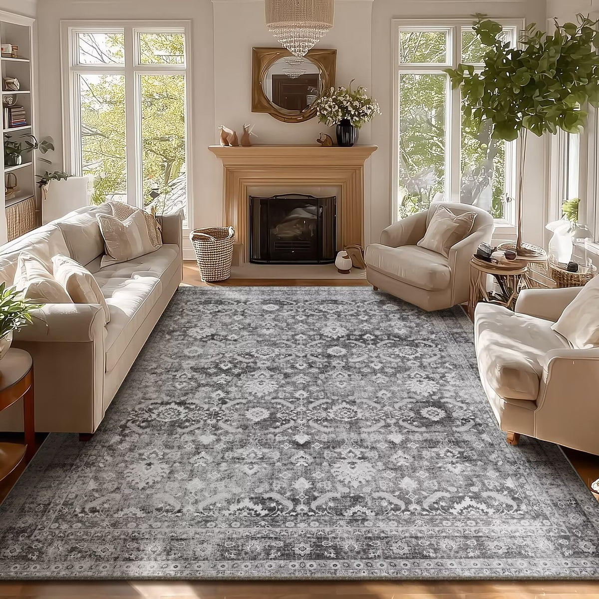 Washable 10x14 Area Rugs for Living Room, Ivory/Sage Gold