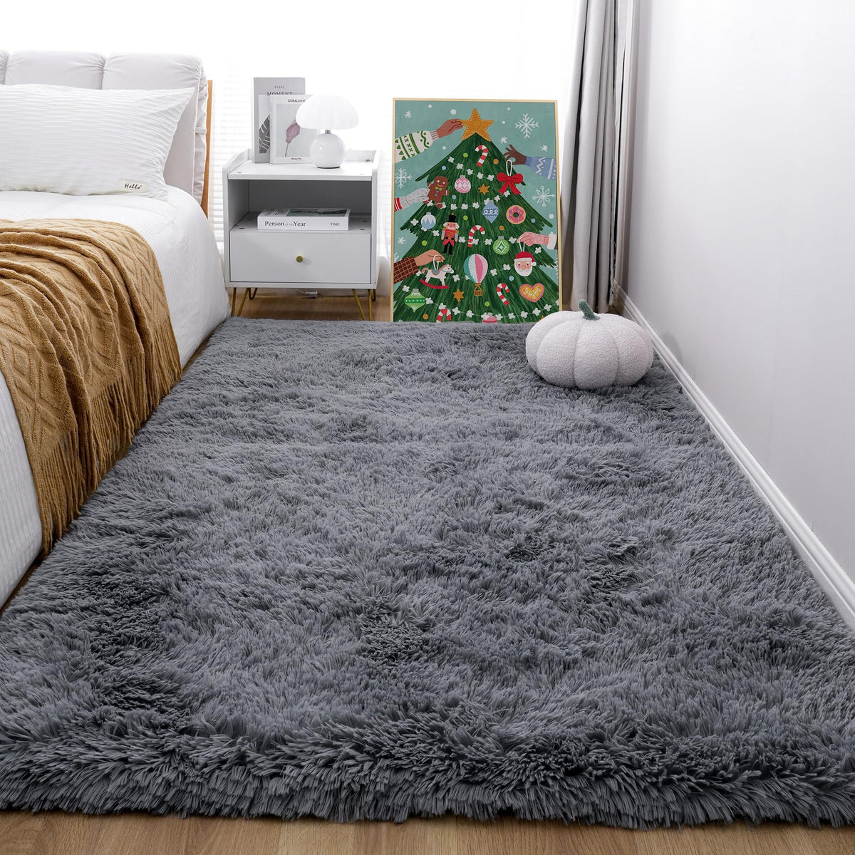4x6 Light Grey Fluffy Shag Rug for Bedroom, Plush Washable Carpet