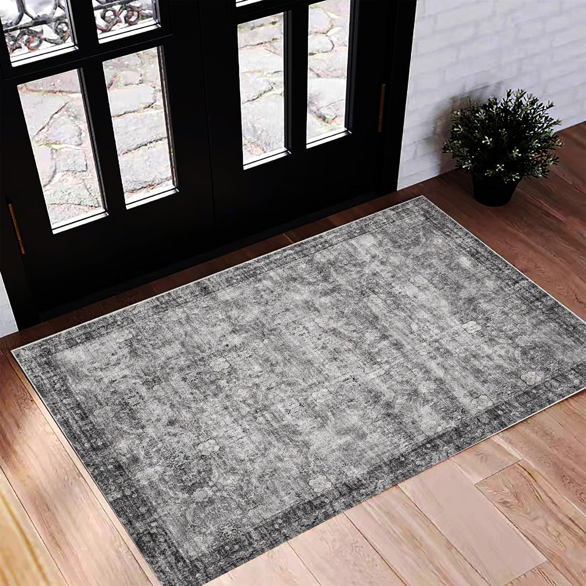 CHAMPLANT Area Rug 4x6 Washable Rug Gray Vintage Traditional Floor Cover Foldable Thin Retro Accent Indoor Distressed Non Slip Carpet Floral Print Mat Bedroom Living Room Bathroom