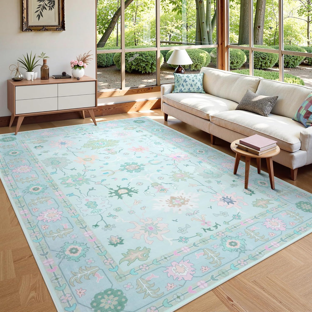 LIVEBOX Washable Oushak Rug Non Slip 8 x 10 Rugs for Living Room, Soft Turkish Rug for Bedroom, Boho Floral Mat Large Indoor Carprt for Kids Nursery, Dining Room, Home Office, Blue