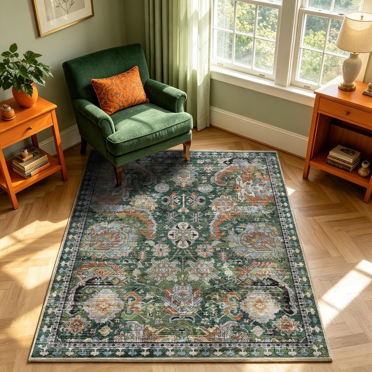 RUGSURE Washable Area Rug - 1/6 Thick - Stain & Water Resistant Non-Slip - Resistant Rug for Living Room, Bedroom, Nursery, Pet & Child Friendly, Vintage Charm Area Rugs (Grey+LightTeal, 3' x 5 ')