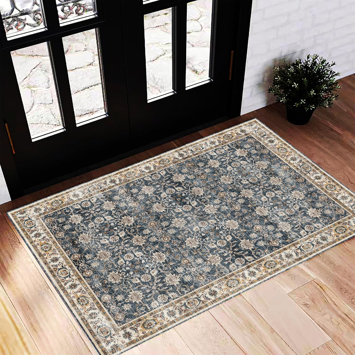 CHAMPLANT Area Rug 4x6 Washable Rug Gray Vintage Traditional Floor Cover Foldable Thin Retro Accent Indoor Distressed Non Slip Carpet Floral Print Mat Bedroom Living Room Bathroom