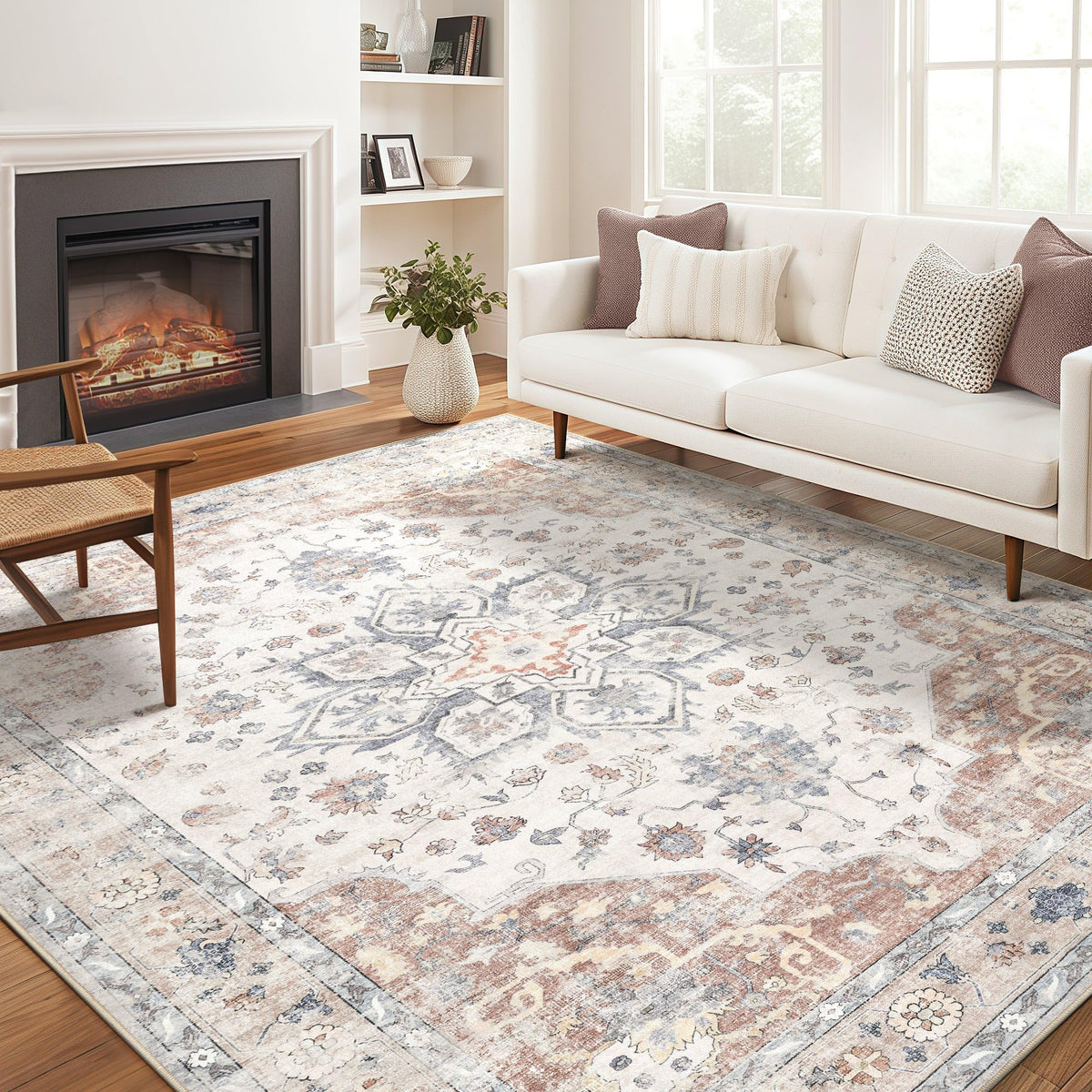 Vintage 9x12 Washable Area Rugs for Living Room, Non Slip, Brown