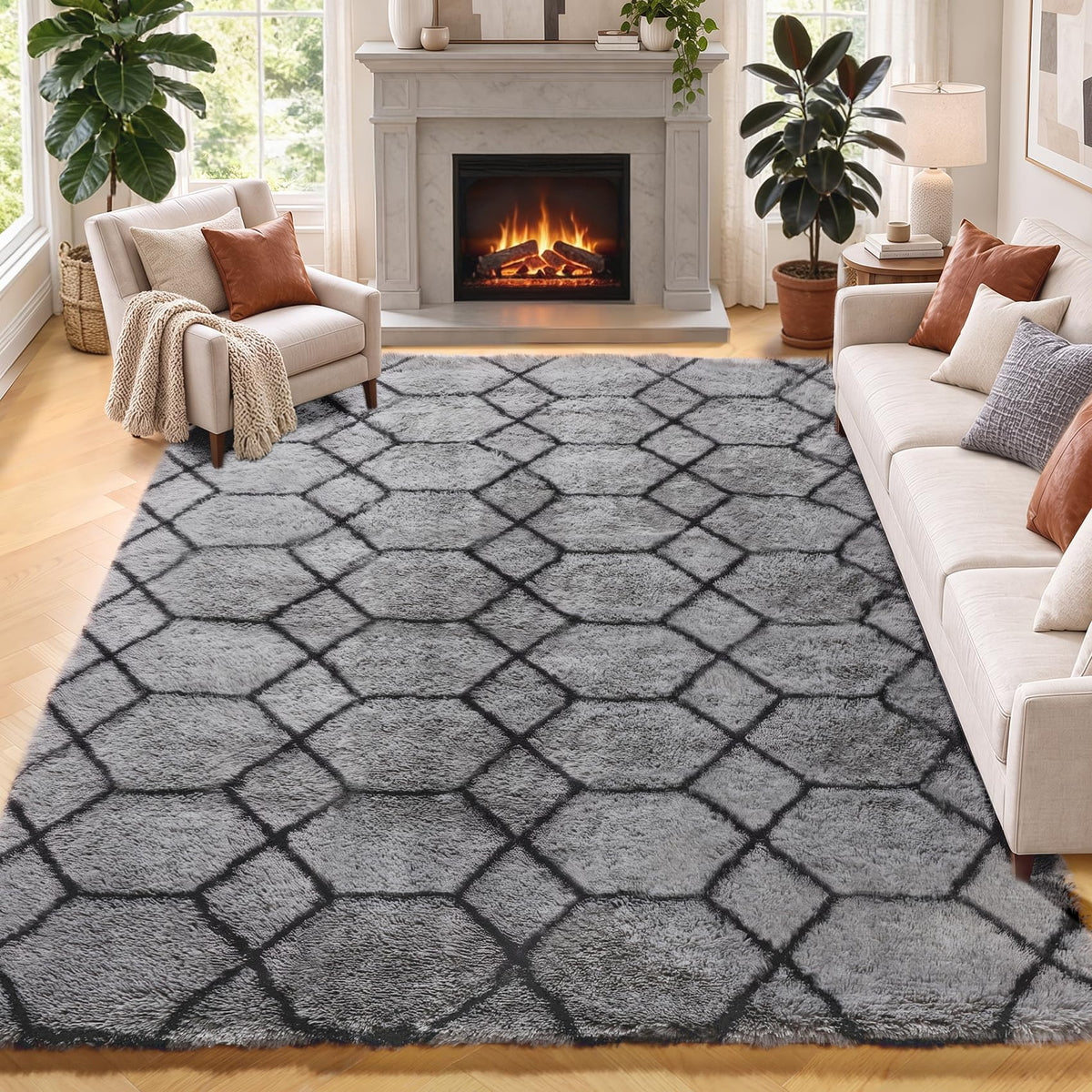 Area Rugs for Bedroom Living Room, 4x6 Fluffy Grey and Black Geometric Rug