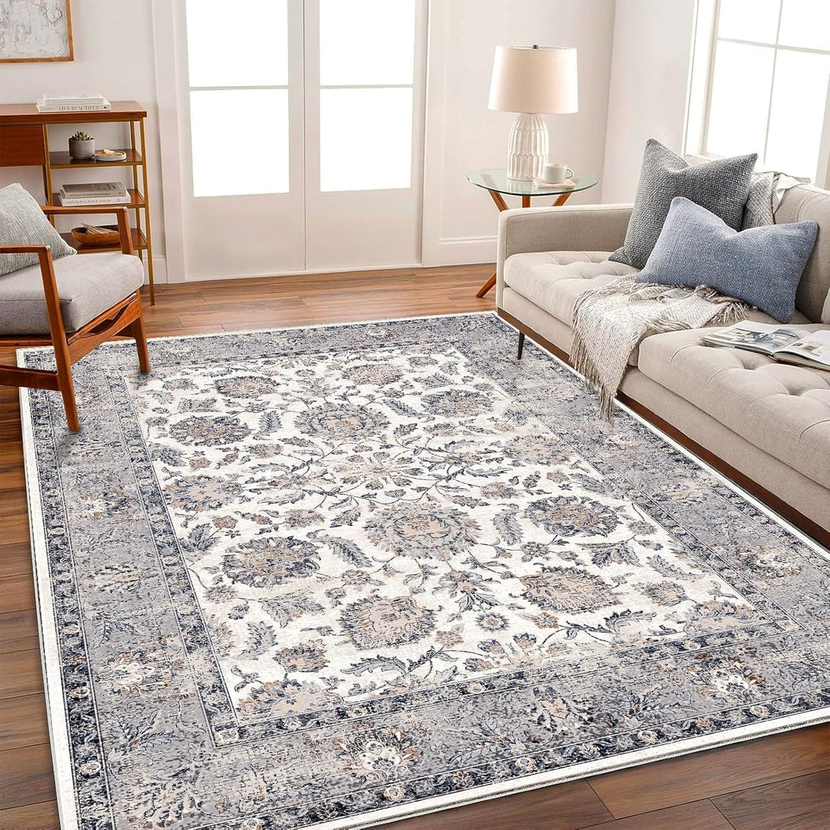 CHAMPLANT Area Rug 4x6 Washable Rug Gray Vintage Traditional Floor Cover Foldable Thin Retro Accent Indoor Distressed Non Slip Carpet Floral Print Mat Bedroom Living Room Bathroom