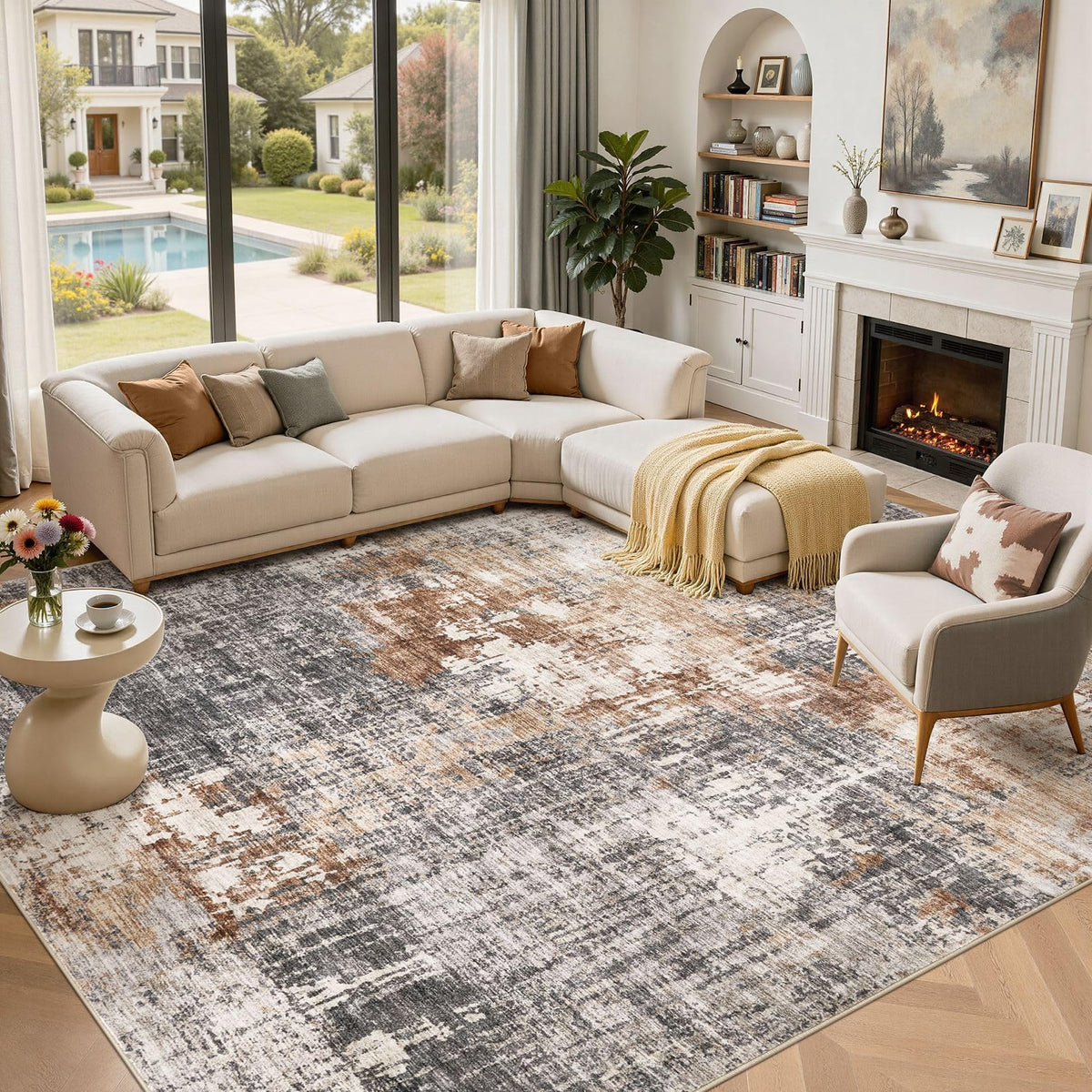 DMOYEST Area Rug Living Room Rugs 5x7 Washable Abstract Beige Blue Carpet