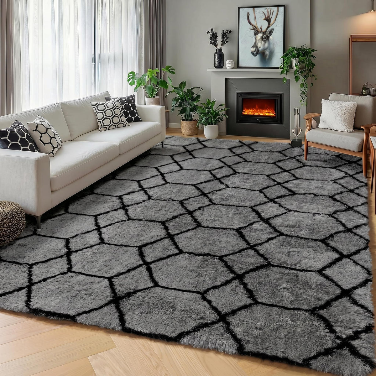 Area Rugs for Bedroom Living Room, 4x6 Fluffy Grey and Black Geometric Rug