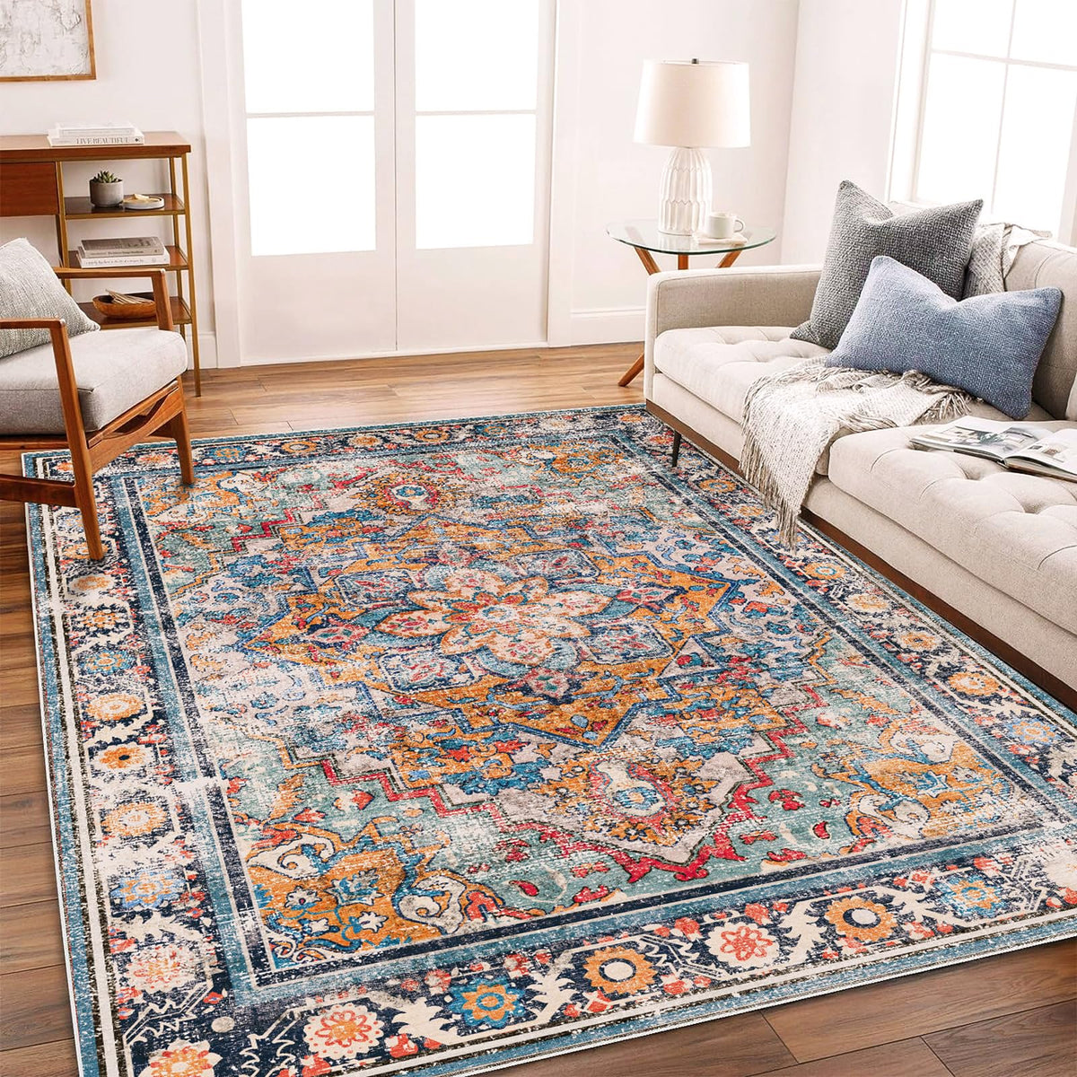CHAMPLANT Area Rug 4x6 Washable Rug Gray Vintage Traditional Floor Cover Foldable Thin Retro Accent Indoor Distressed Non Slip Carpet Floral Print Mat Bedroom Living Room Bathroom