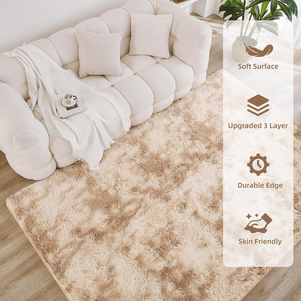 Litanika 4x6 Shag Area Rug for Bedroom, Tie-Dyed Beige Plush Rug